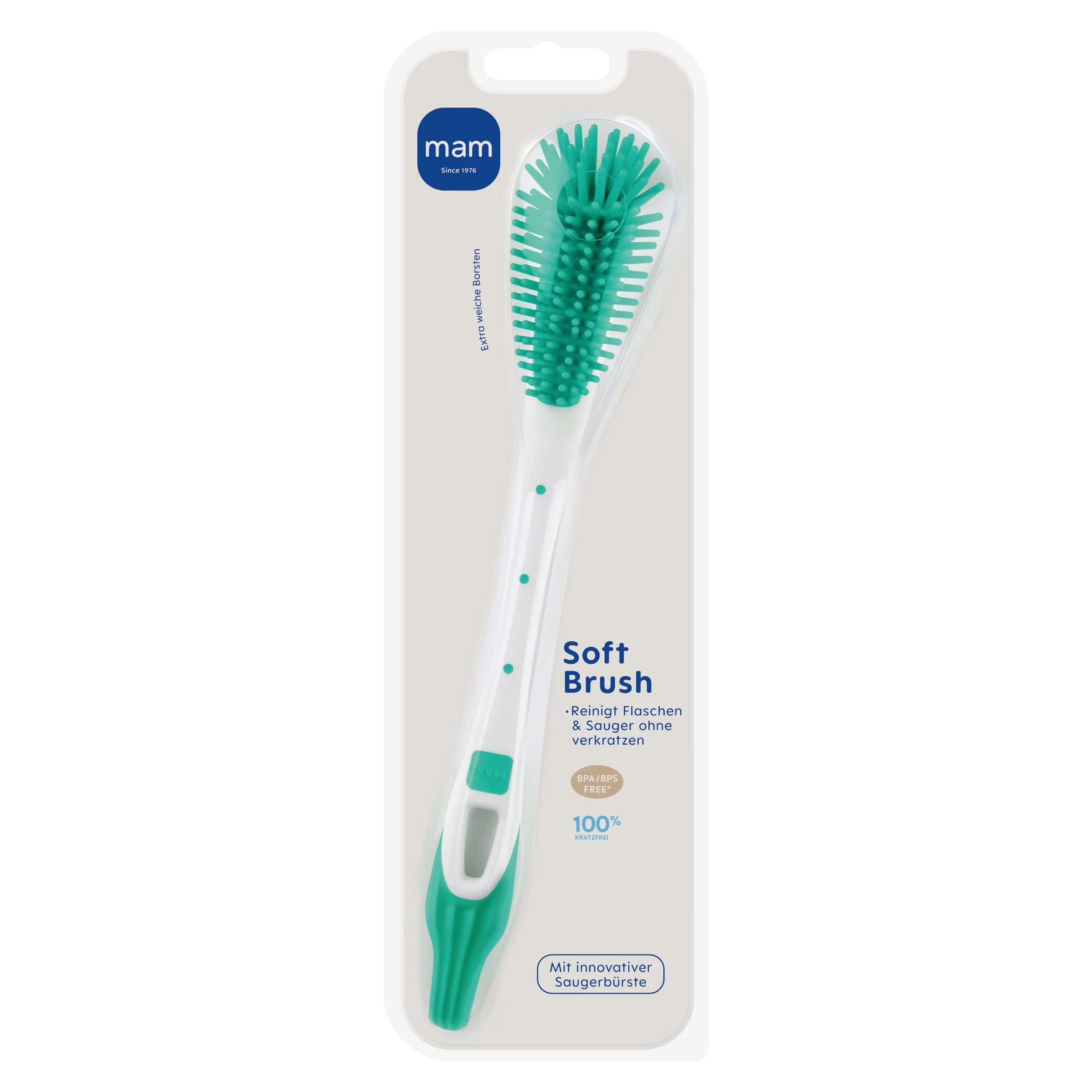 MAM Szczotka do butelek Soft Brush z bardzo miękkim włosiem, szczotka pasuje do każdego kształtu butelki, ze specjalną szczotką ssącą do czyszczenia odkurzaczy, 0+ miesięcy, niebieska