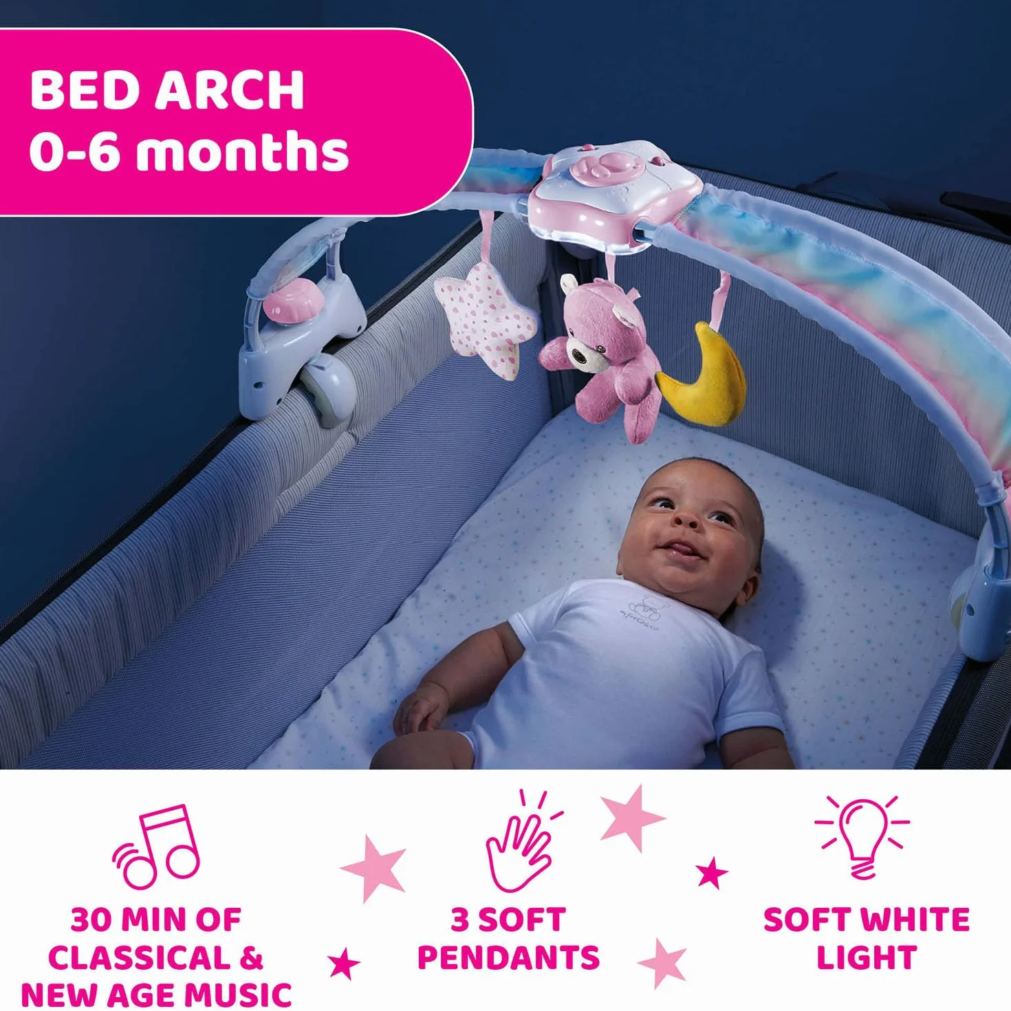 Chicco Panel na Łóżeczko Rainbow Sky 2w1 Kompatybilny z Next2Me, Panel Rainbow Sky Baby i Lampka Nocna dla Dzieci z Ralaksacyjną Muzyką - Zabawki dla Niemowląt 0 m+, Różowy