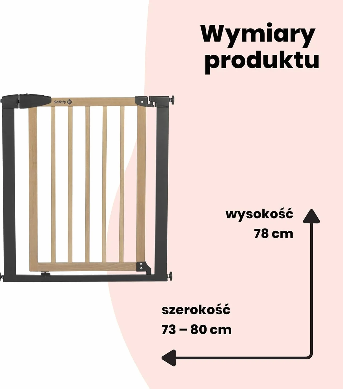 Safety 1st Simply Close Wood and Metal, Bramka schodowa na wcisk, 73–80 cm (do 94 cm), Bez śrub, bez wiercenia, Otwieranie 1 ręką, Podwójna blokada, Bramka zabezpieczjąca dla dzieci, Wood & Graphite