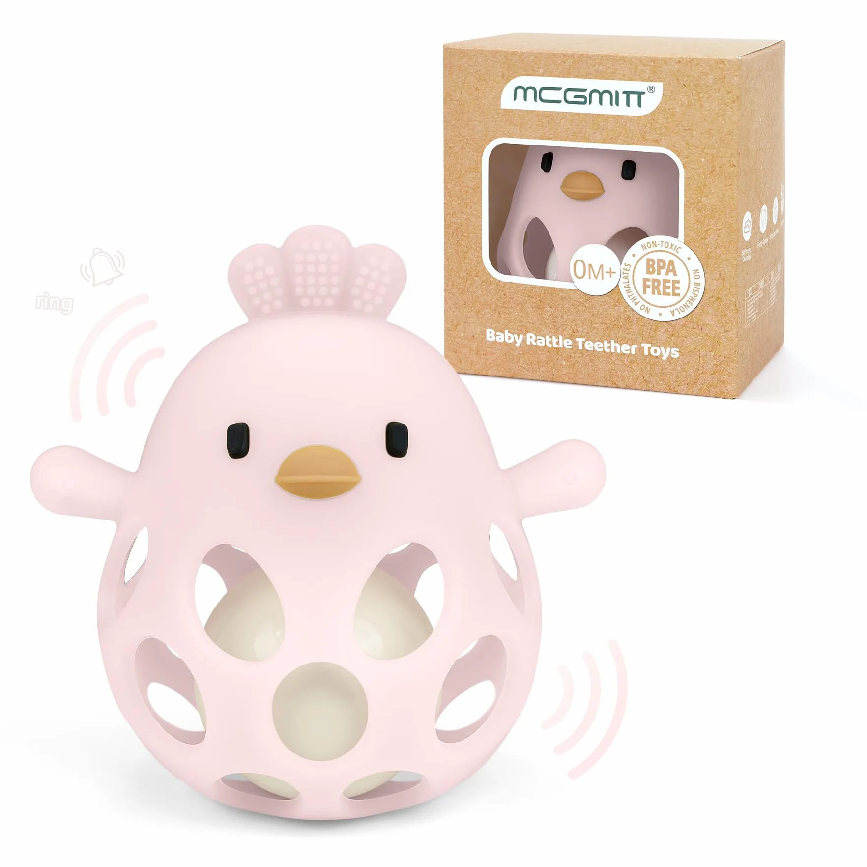 MCGMITT BPA-free silikonowa piłka dla niemowląt, z grzechotką, zabawka sensoryczna i motoryczna w kształcie kurczaka, prezent Montessori na ząbkowanie 0 6 9 miesięcy, dla niemowląt i małych dzieci
