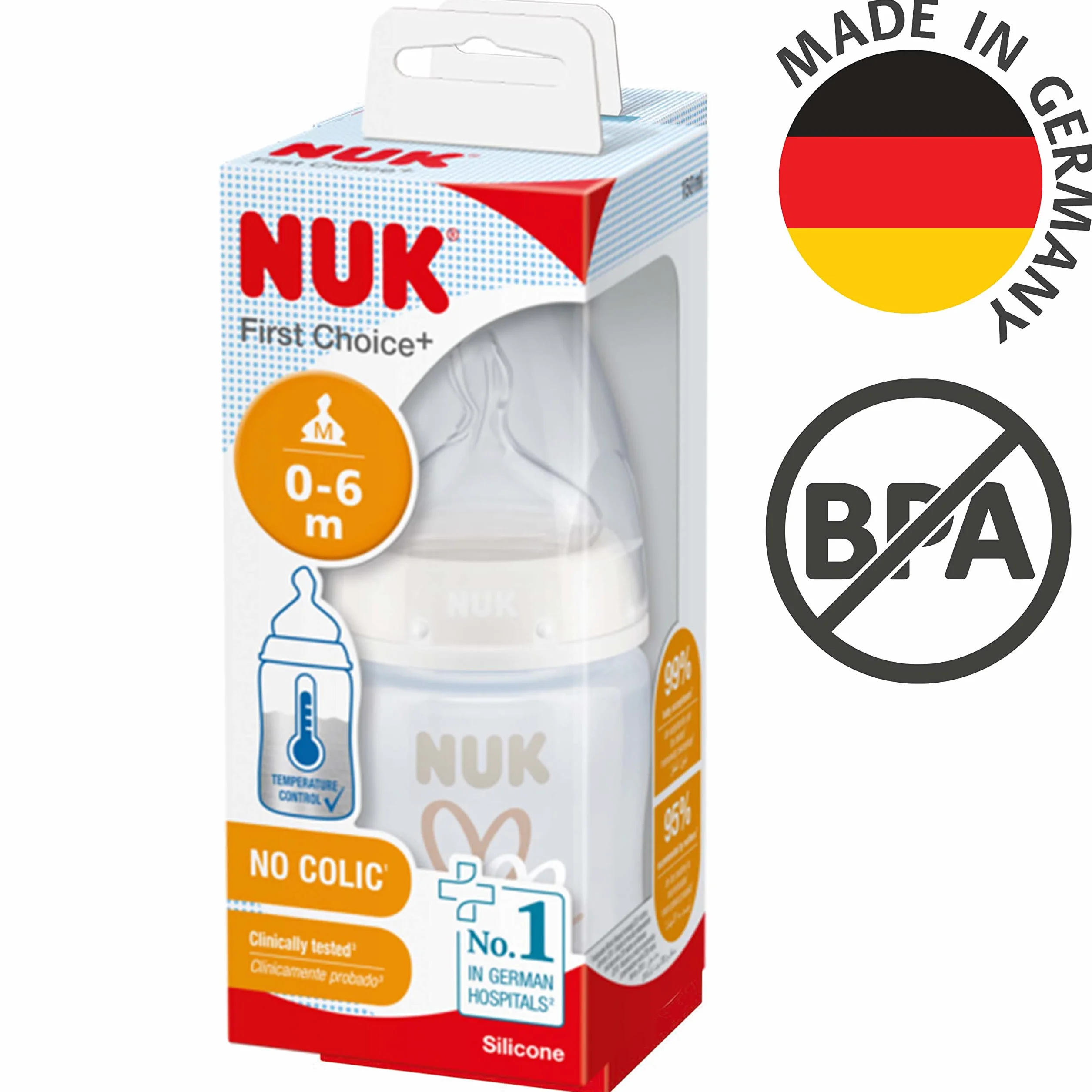 NUK First Choice+ butelka dla niemowląt, 0-6 miesięcy, kontrola temperatury, silikonowy smoczek, zawór antykolkowy, bez BPA, 150 ml