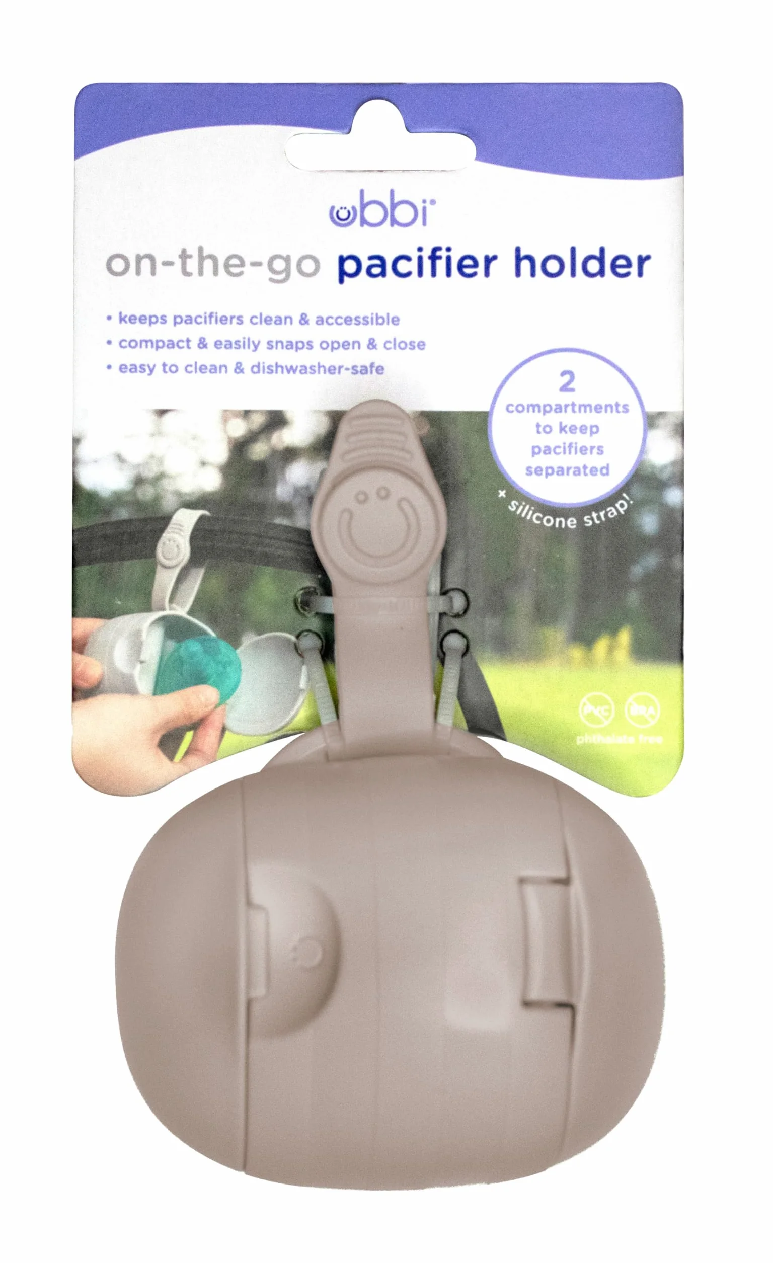 Ubbi On-The-Go podwójny uchwyt na smoczek, zachowaj czystość i dostępność, przenośny w podróży, torba na pieluchy, akcesoria niezbędne dla noworodków, kolor taupe