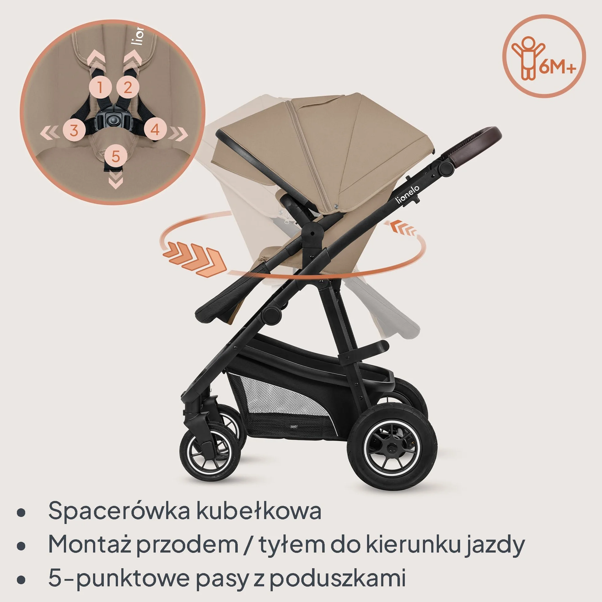 LIONELO BIANKA Wózek Spacerowy Dziecięcy 3 w 1 do 22 kg Gondola Fotelik Samochodowy do 13 kg, Składany, System Podróżny Regulacja Oparcia Koła 360o Amortyzacja, Daszek XXL (Beżowy)