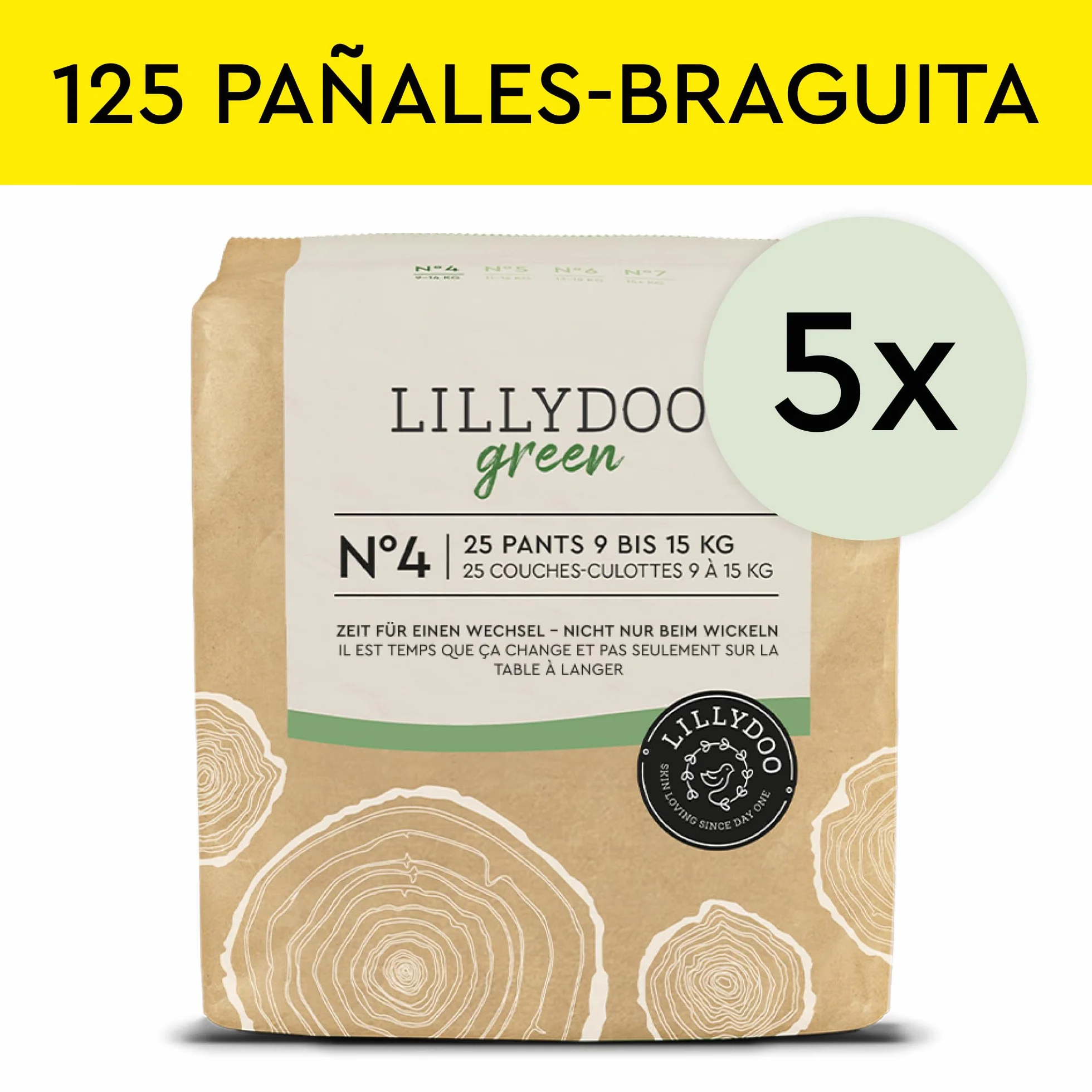 LILLYDOO Zielone spodnie przyjazne dla środowiska, rozmiar 4 (9-15 kg), pudełko miesięczne (125 sztuk) (FSC Mix)