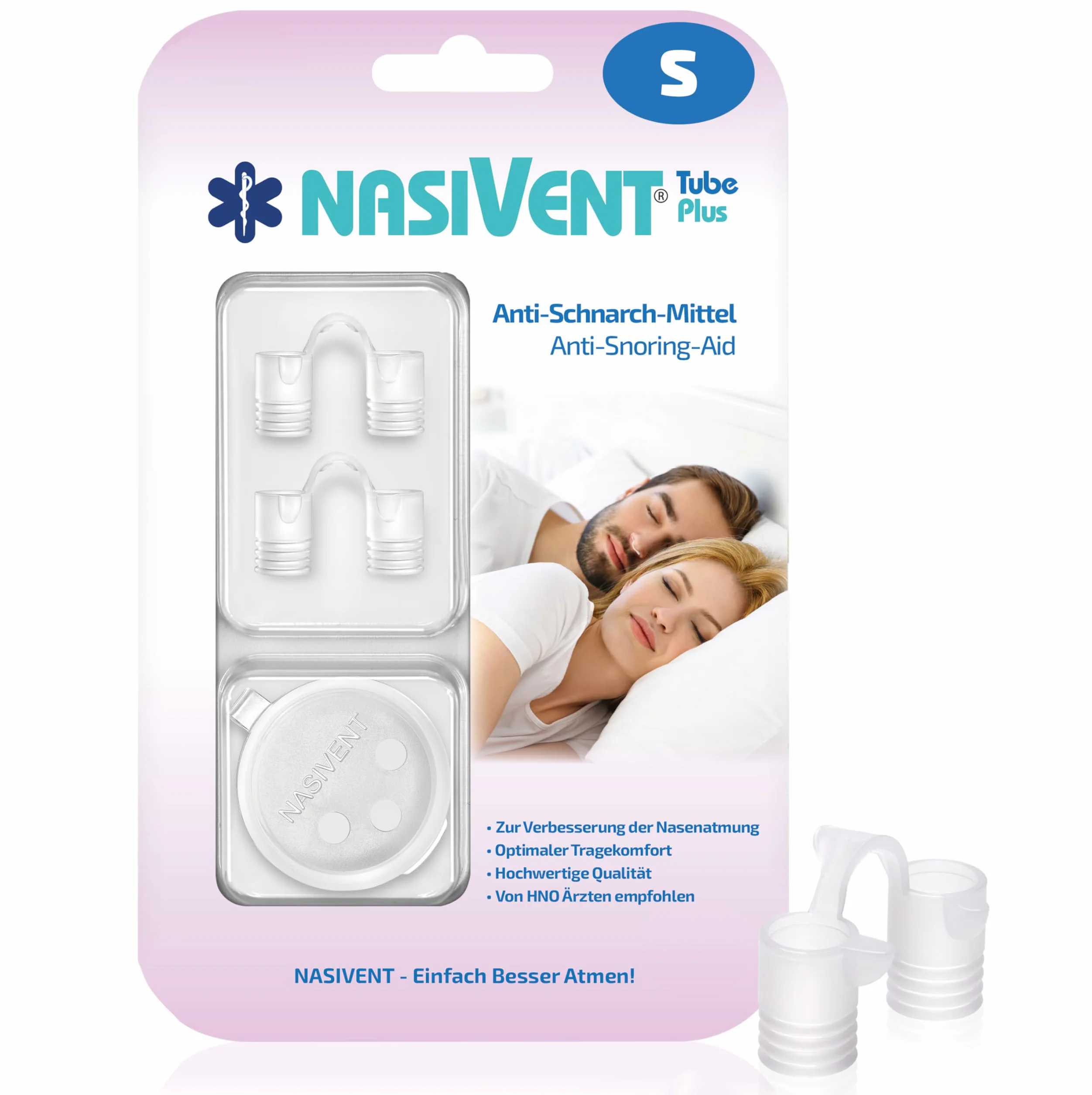 NASIVENT Tube Plus środek zapobiegający chrapaniu premium – (2 x rozm. S) – ulepszone oddychanie przez nos – rozpylacz do nosa – wyjątkowy dzięki innowacyjnym szyszkom mocującym – stoper do chrapania z wysokiej jakości silikonu