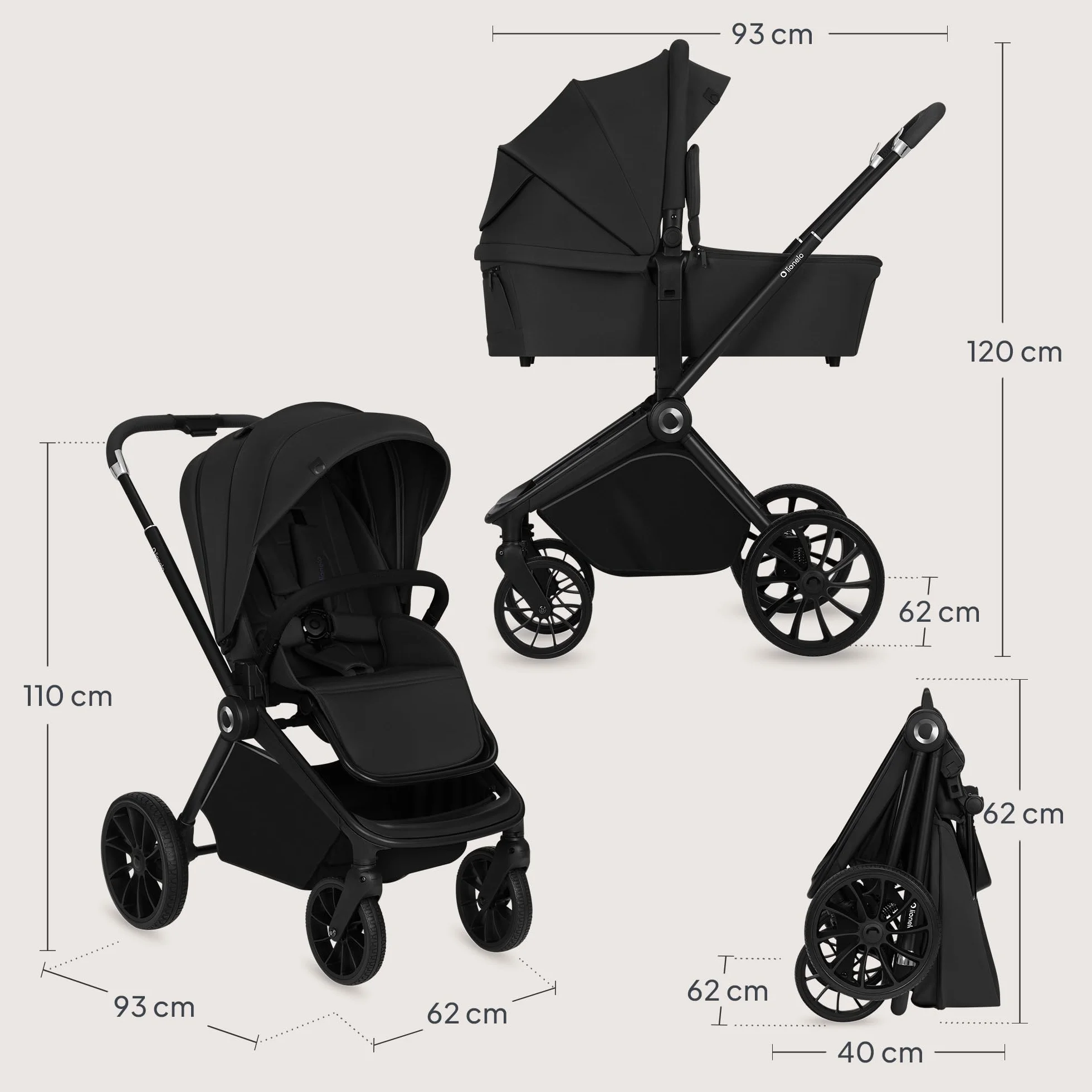 LIONELO MIKA PLUS 3 w 1 Wózek Spacerowy Dziecięcy 0-48 miesięcy do 22 kg Gondola do 9 kg Fotelik Samochodowy Nosidło do 13 kg, Regulacja Oparcia, Amortyzacja, Koła 360° Budka XXL (Czarny)