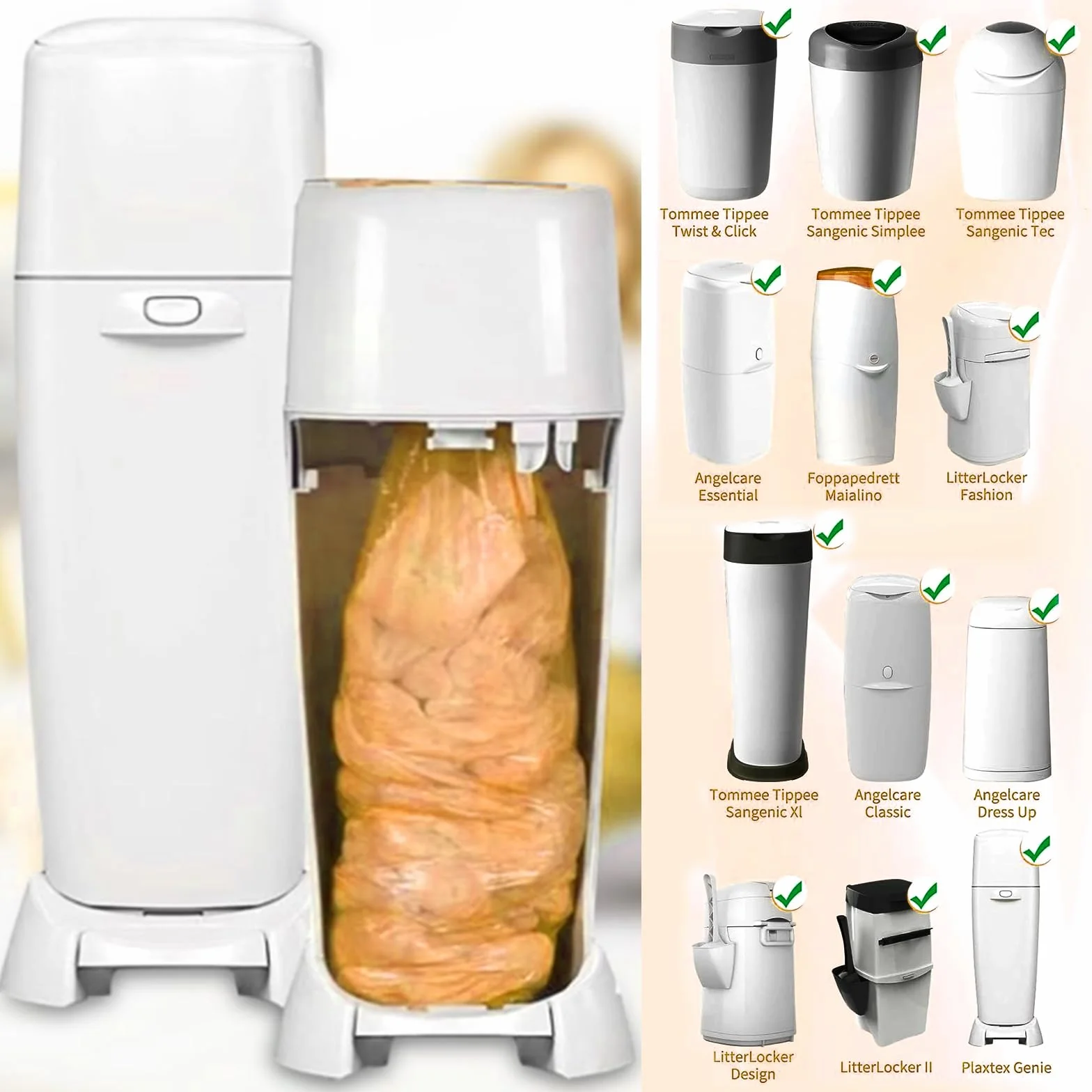 12 Sztuk Wkładów do Pojemnika na Pieluchy, Zestaw Woreczków Zapasowych Kompatybilny z Tommee Tippee, Angelcare, LitterLocker – 4,5 m, 7-Warstwowa Bariera Przeciw Zapachom, Materiał PE