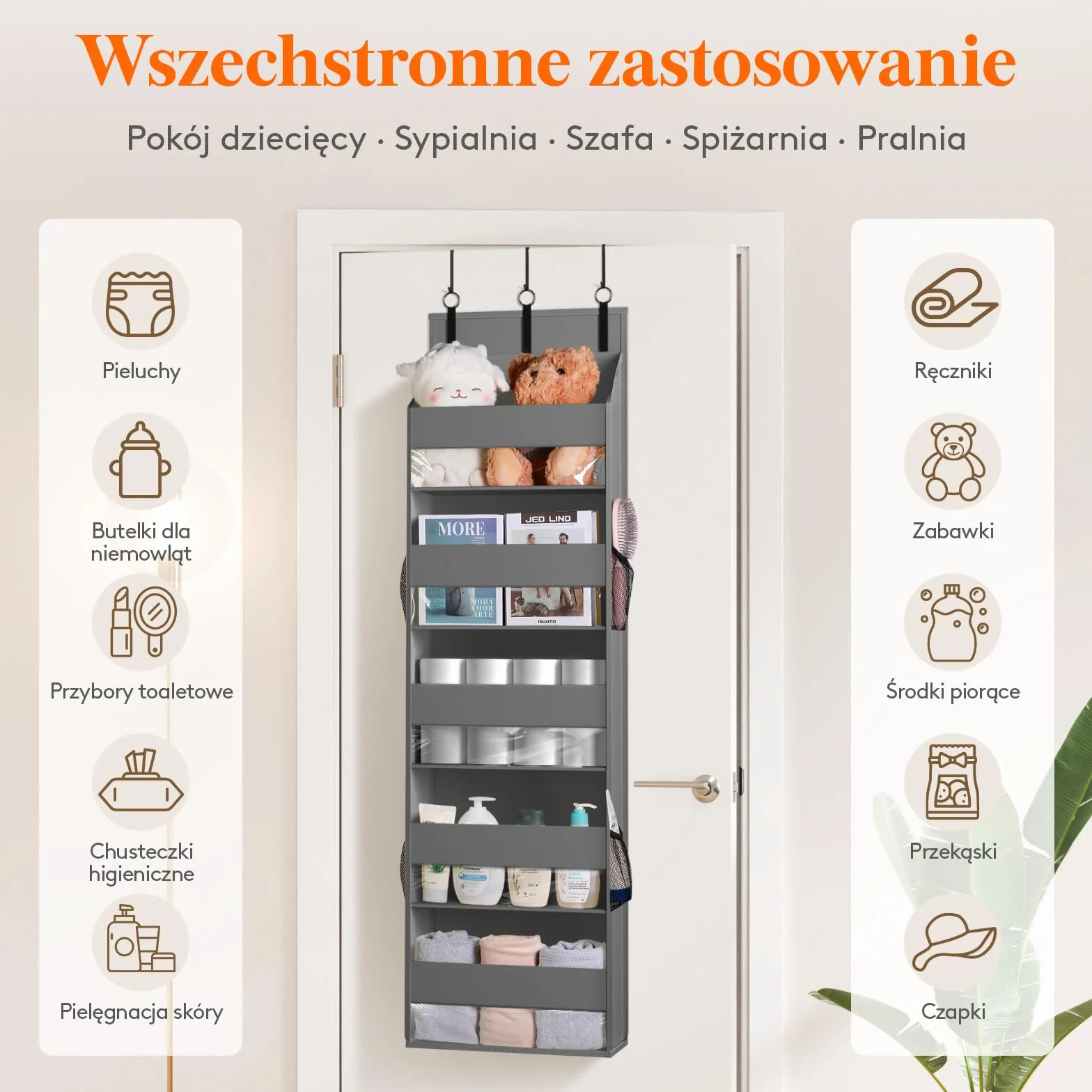 Lifewit 5-półkowy organizator nad drzwiami, przechowywanie wiszące z 4 kieszeniami bocznymi z siatką, anty-wywracanie, obciążenie 18 kg, do spiżarni/przedszkola/sypialni/dormitorium, 2 opakowania