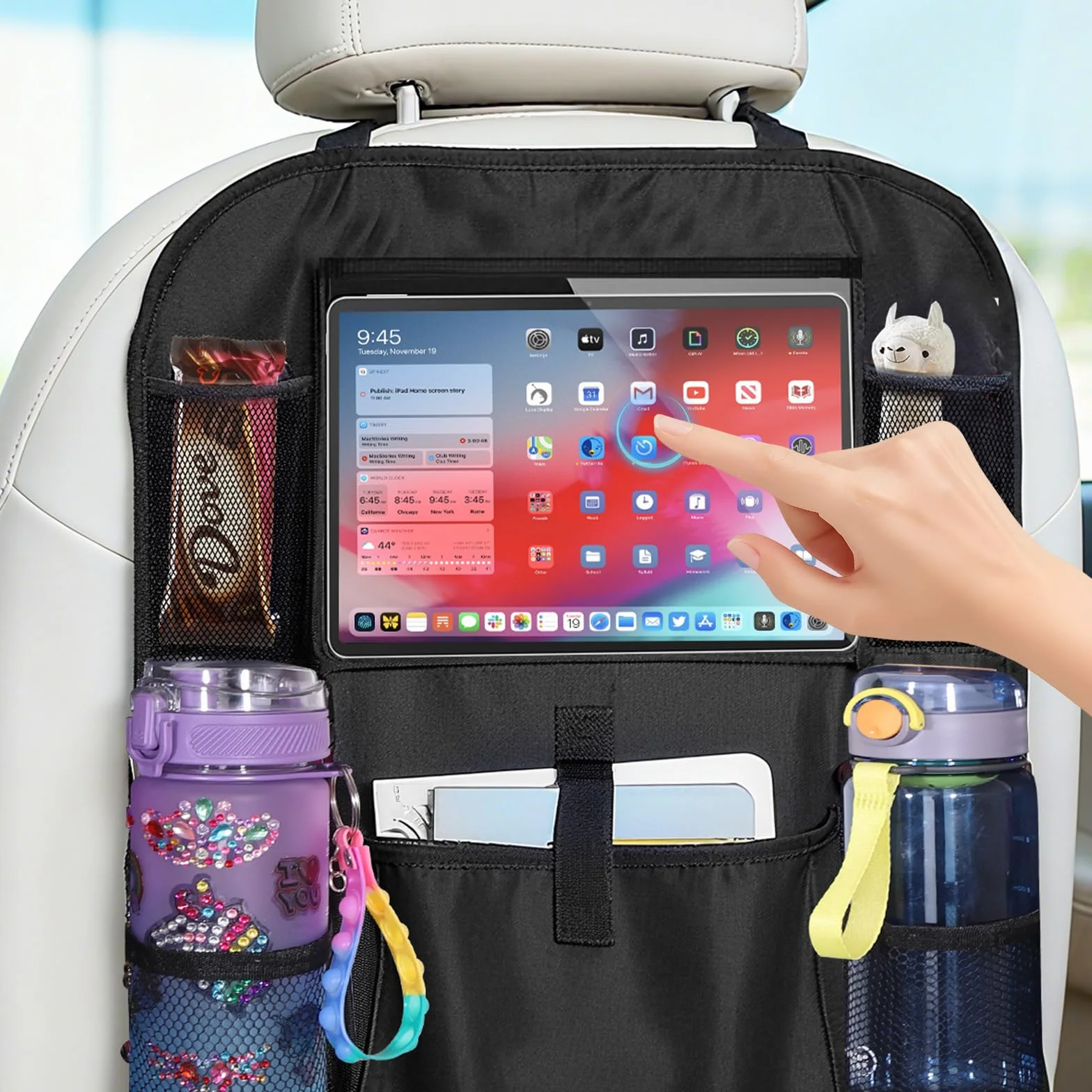 Zocipro 2 sztuki ochraniaczy na oparcie fotela samochodowego dla dzieci, organizer na fotel samochodowy z kieszenią na tablet i 5 kieszeniami, wodoszczelny organizer samochodowy dla dzieci, na tylne