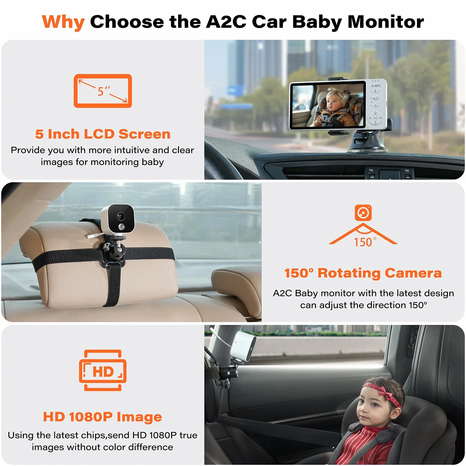 APPS2Car Elektroniczna niania 2 w 1, 5''1080p, kamera na tylne siedzenie, monitor dziecka z 2-drożnym dźwiękiem, widoczność w nocy na podczerwień, kontrola temperatury, łatwa instalacja, elektroniczna