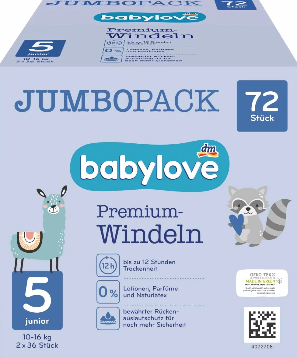 babylove pieluchy premium aktywne plus rozmiar 5, junior 12-25 kg, opakowanie Jumbo, 2 x 36 sztuk, 72 szt.