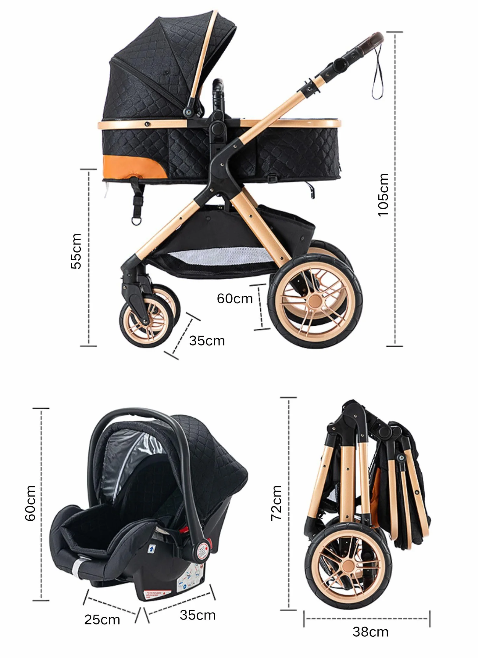 Wózek dziecięcy 3 w 1, wózek dziecięcy 3 w 1, wózek spacerowy, system podróżny, składane, gumowe opony, z akcesoriami, gondola, adapteurs, 25 kg (XX1 czarny)