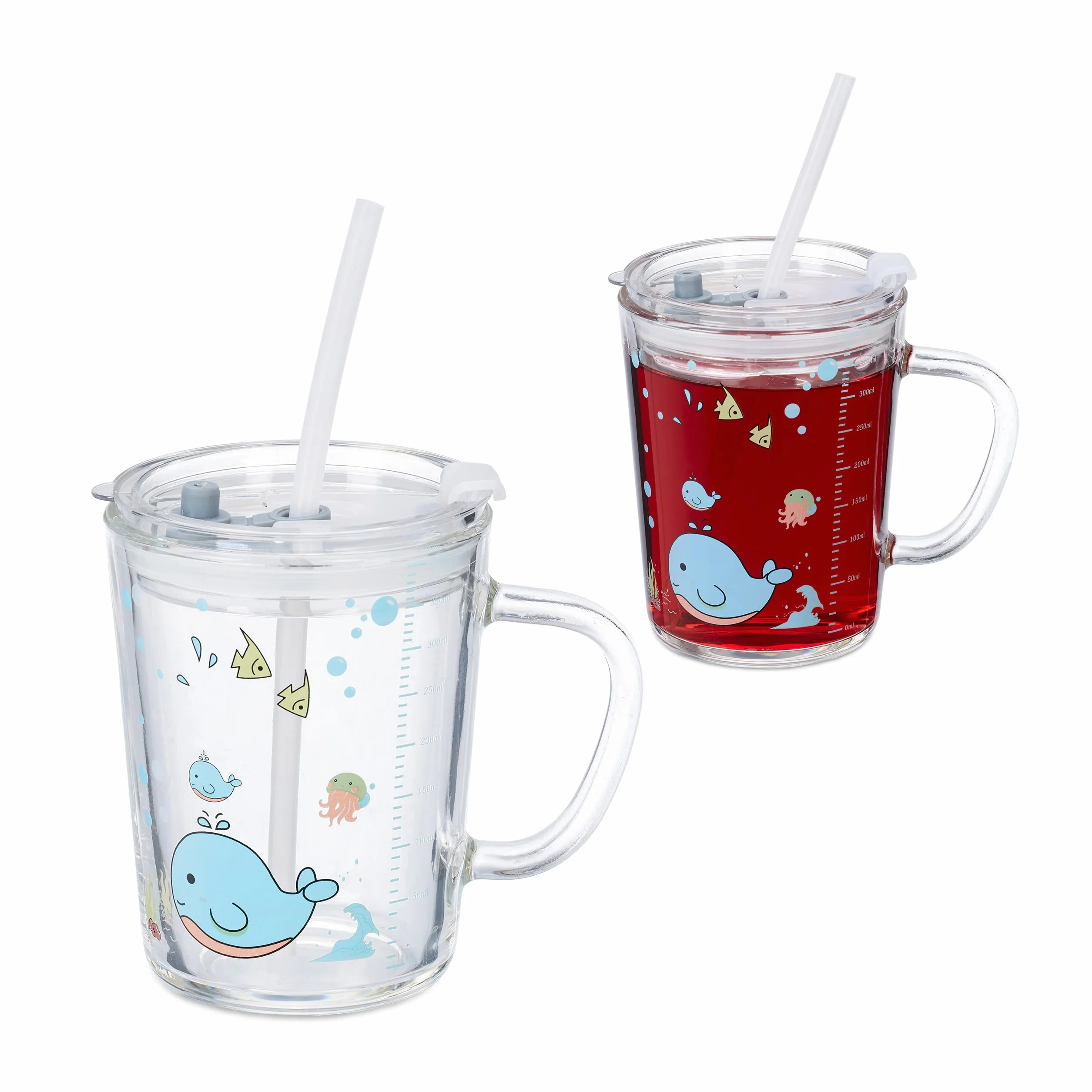 Relaxdays Zestaw 2 szklanek dla dzieci, motyw wieloryba, szklanki do picia dla dzieci, z uchwytem, pokrywką i słomką, skala 400 ml, przezroczyste