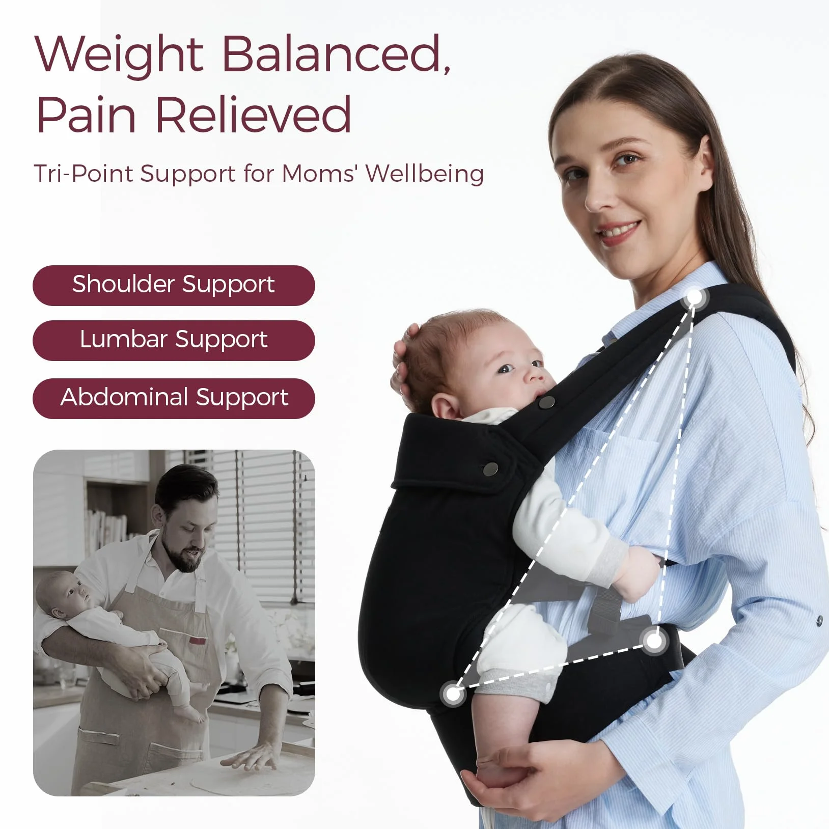 Chusta Momcozy - ergonomiczna, wygodna i lekka, dla dzieci w wieku od 3 do 20 kg (3-24 miesiące), łatwa do noszenia, idealna dla rodziców bez użycia rąk, czarna