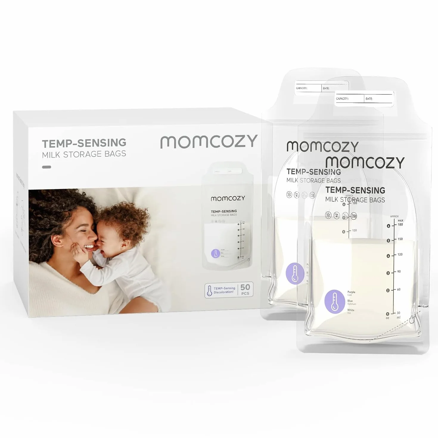 50 sztuk worki Momcozy do przechowywania mleka matki, worki do przechowywania mleka z wskaźnikiem zmiany koloru w zależności od temperatury, jednorazowe worki do przechowywania mleka z samodzielnym