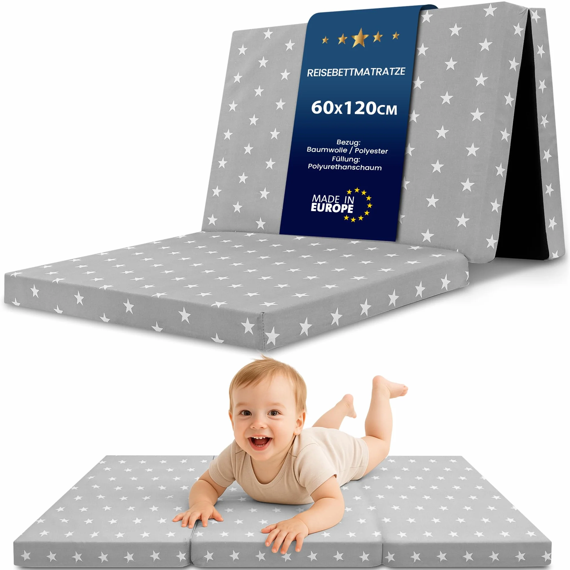 Materac do łóżeczka turystycznego 60x120 cm - Gruby składany materac dla dziecka łóżeczko turystyczne 120x60 cm Szary w białe gwiazdki
