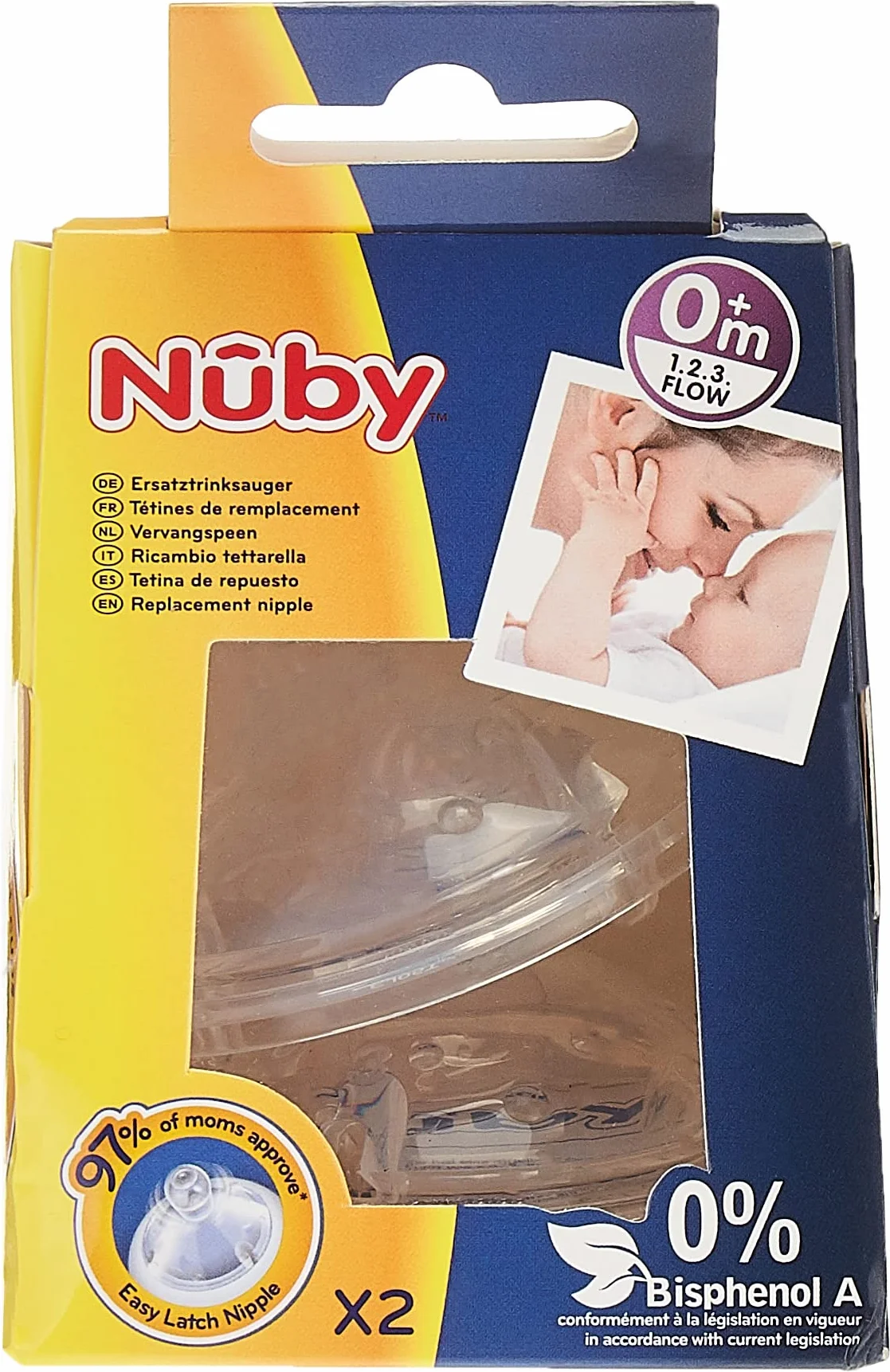 Nuby ID0018 3-stojący smoczek do butelek z silikonu, od 1 dnia, 2 sztuki w opakowaniu, przezroczysty
