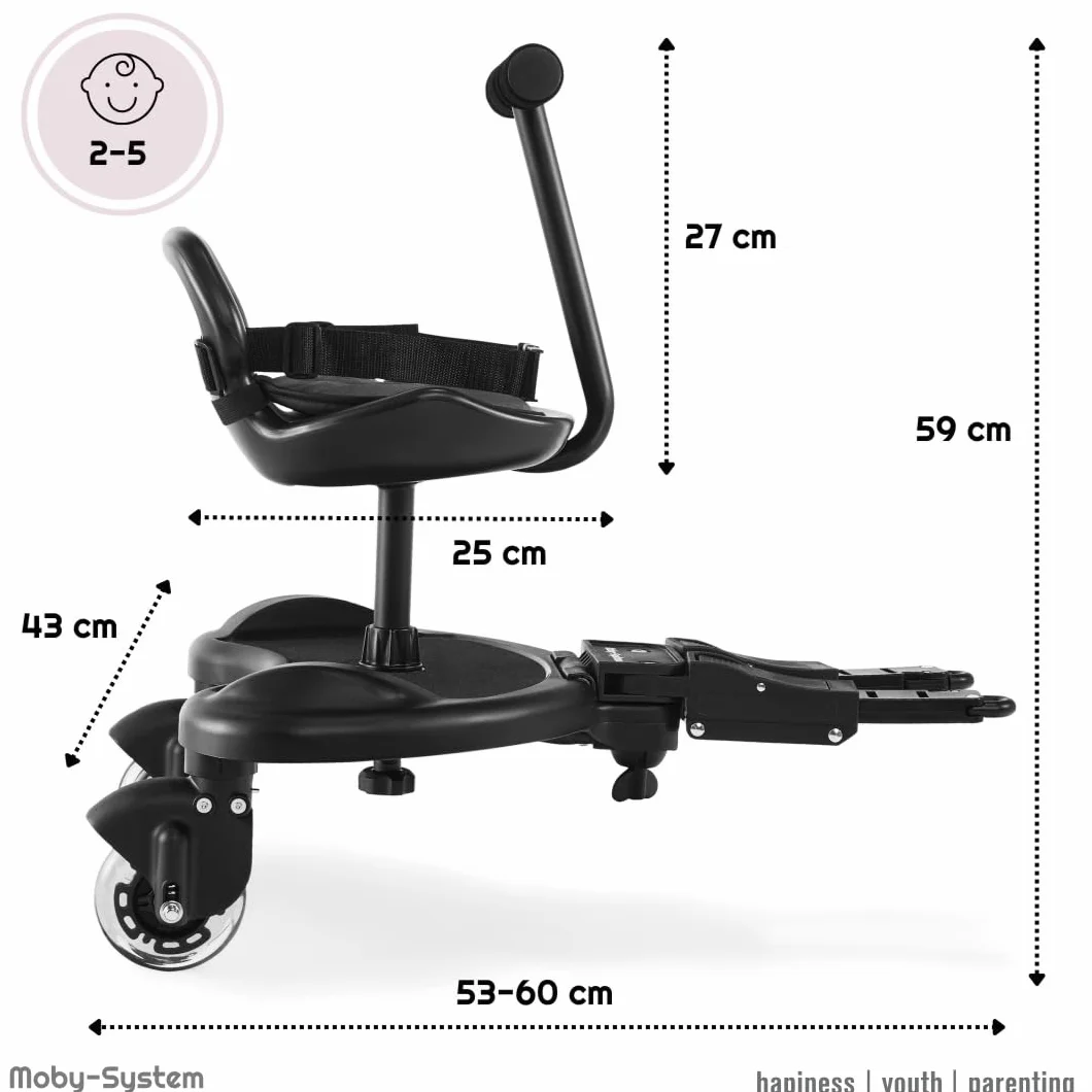 Moby-System Uniwersalna Dostawka do Wózka 2w1 z Siedziskiem i Kołami LED, Obciążenie do 20 kg
