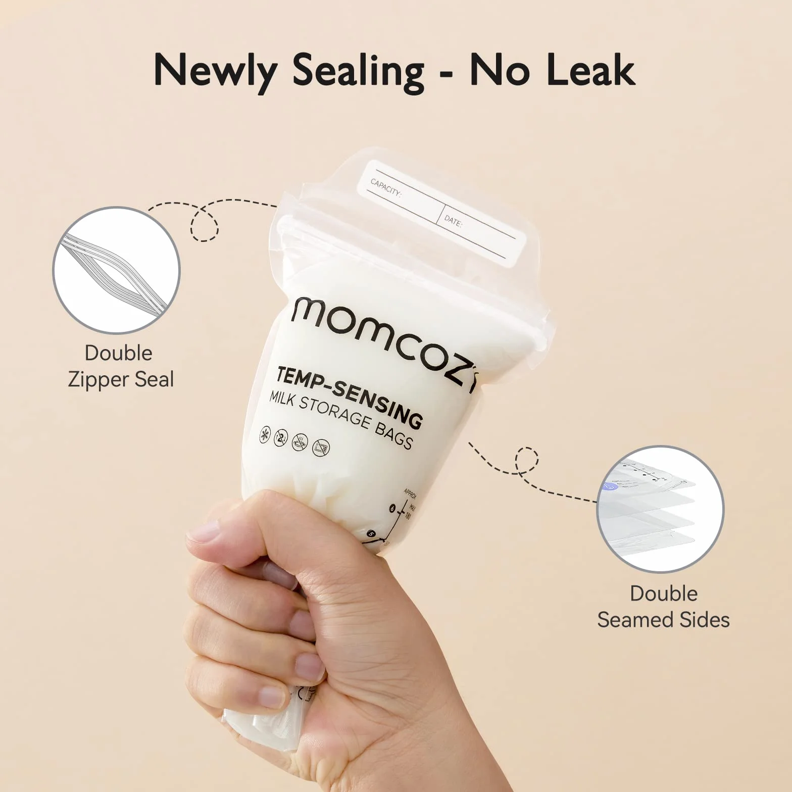 50 sztuk worki Momcozy do przechowywania mleka matki, worki do przechowywania mleka z wskaźnikiem zmiany koloru w zależności od temperatury, jednorazowe worki do przechowywania mleka z samodzielnym