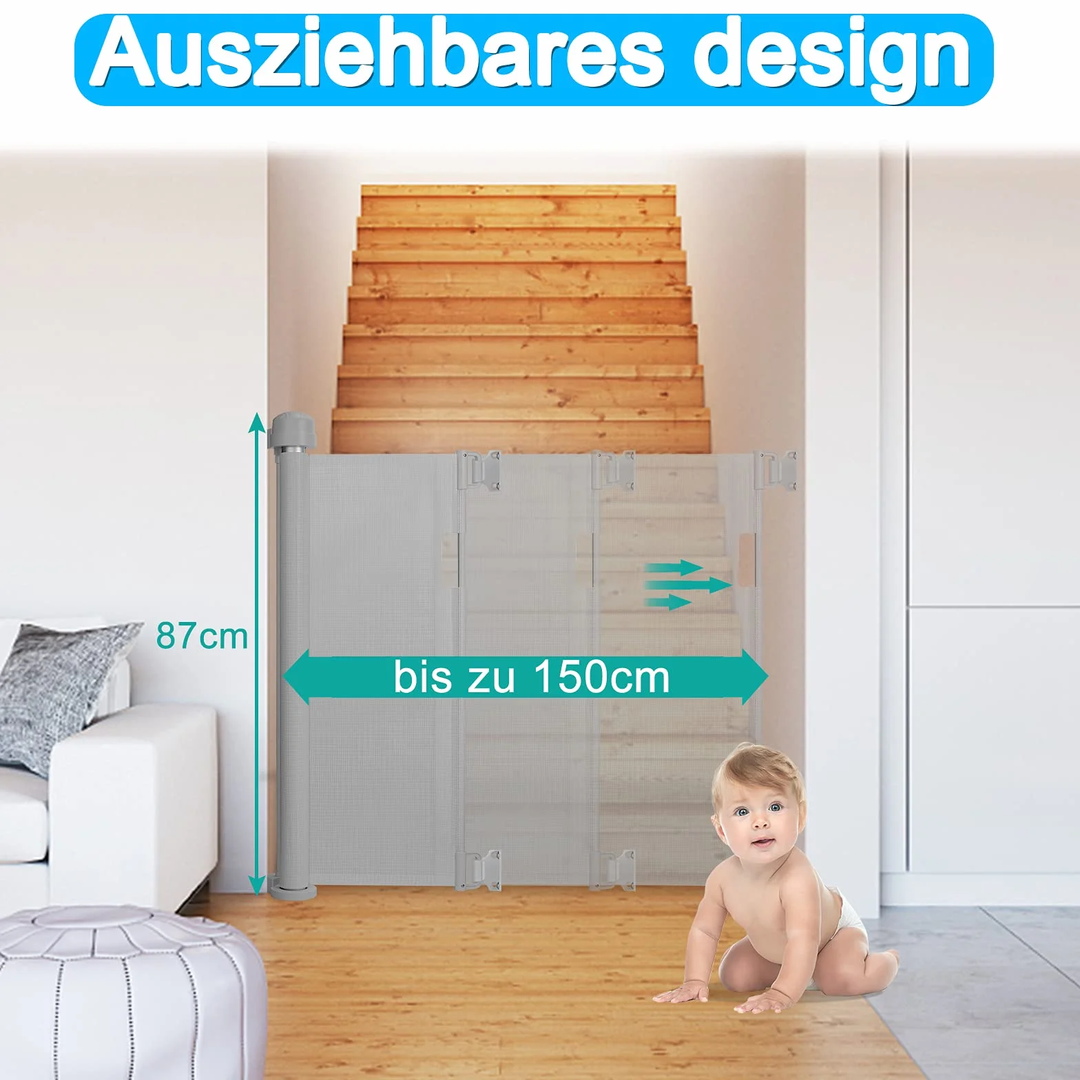 UISEBRT Kratka ochronna na drzwi, wysuwana, 0-150 cm, kratka ochronna na schody dla niemowląt i zwierząt futerkowych, do użytku wewnątrz i na zewnątrz, szara