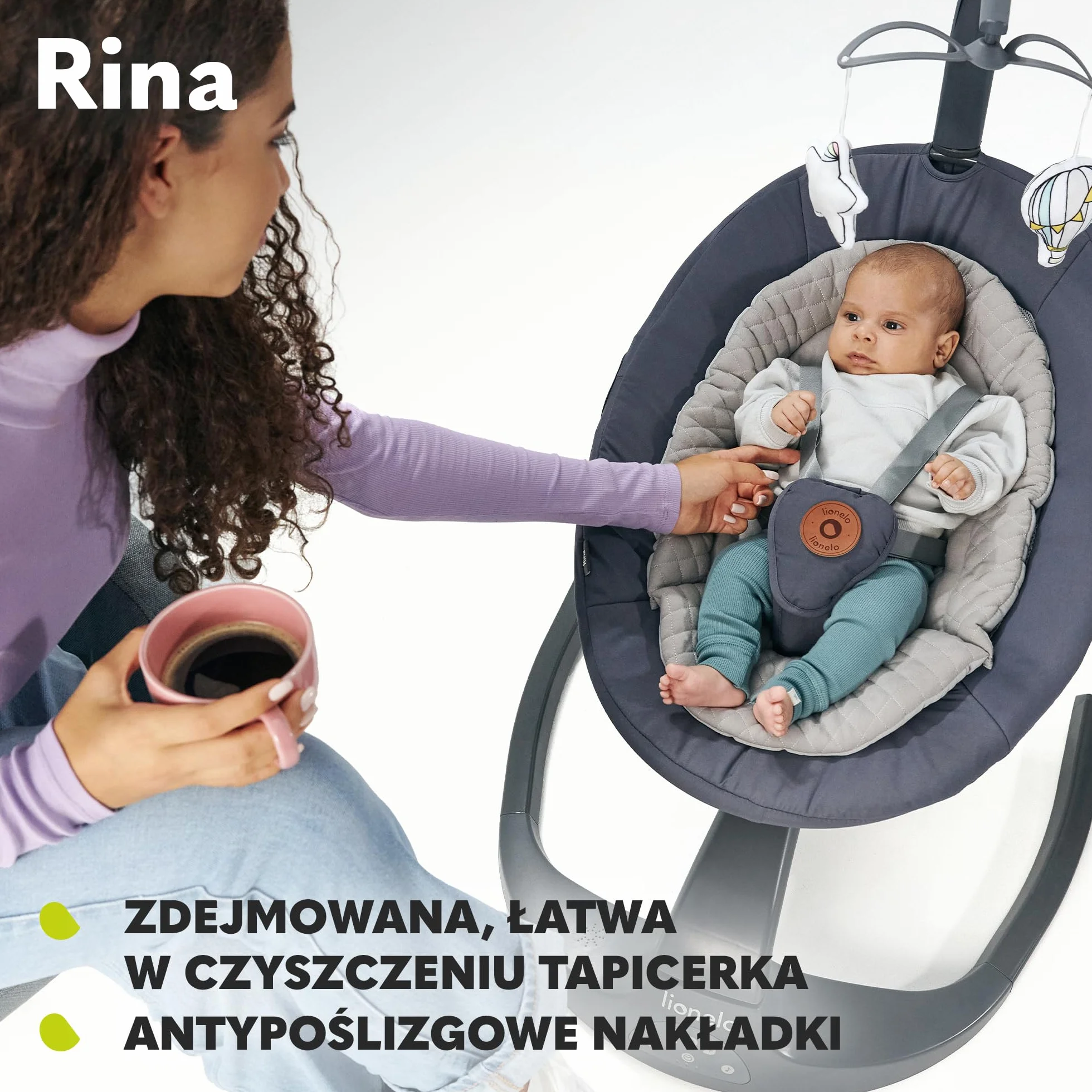 LIONELO Rina bujaczek i leżak 2w1, pilot, obrotowe siedzisko 360°, dwa kierunki bujania, 5 prędkości bujania, blokada, regulacja oparcia, timer, 12 melodii