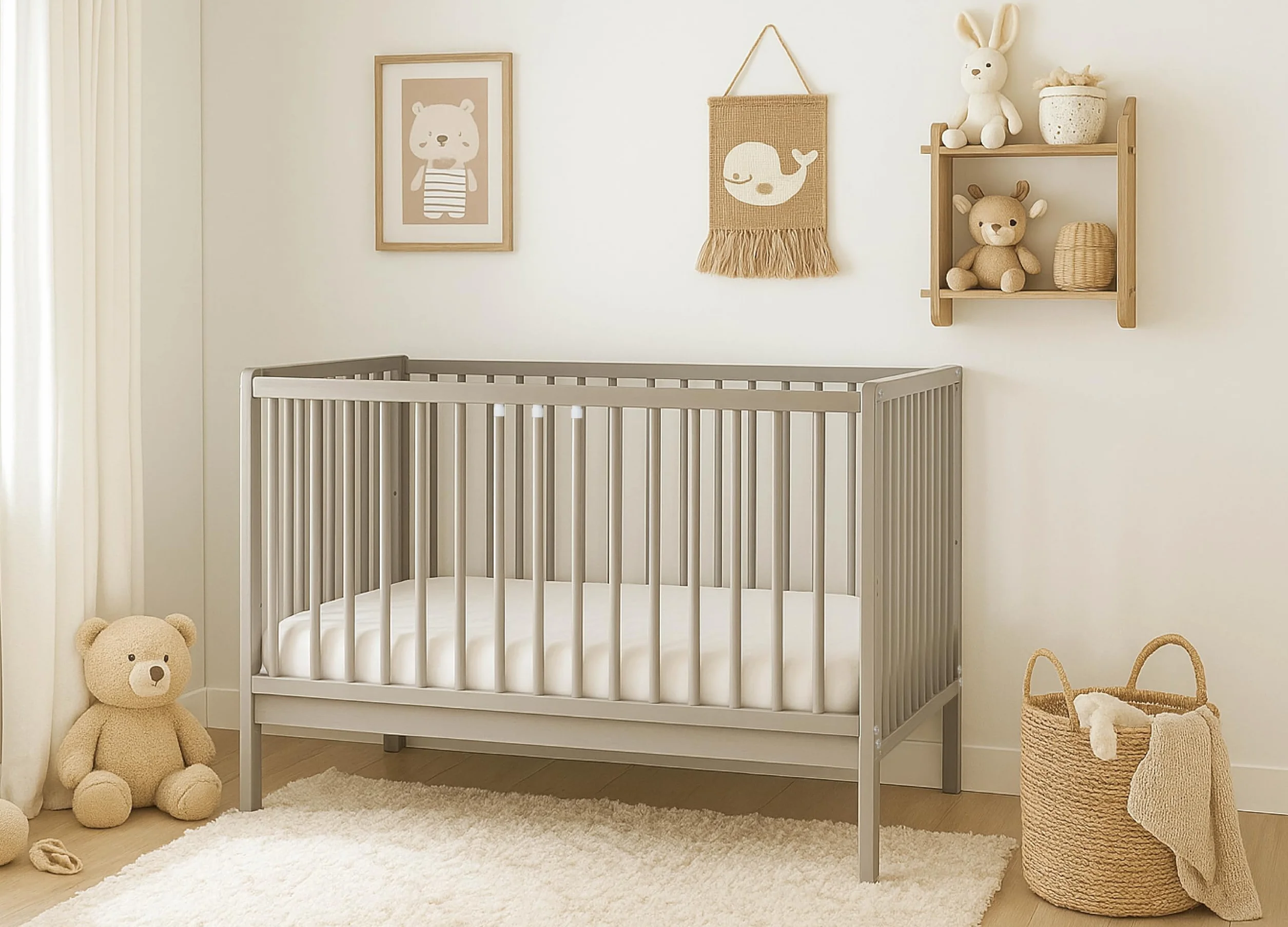 Łóżeczko dziecięce JULIA 100x60 cm z materacem – drewno bukowe – 3 poziomy regulacji – wyjmowane szczebelki – EN 716 (Taupe)