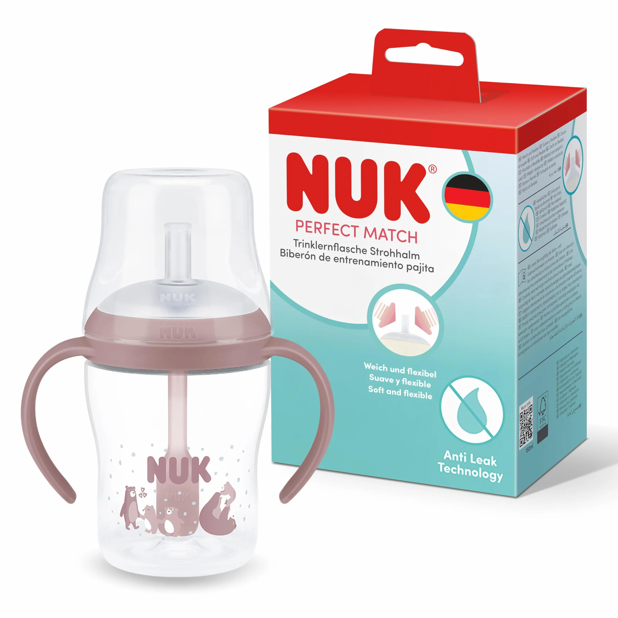 Butelka ze słomką Perfect Match Learner | 8+ miesięcy | 150 ml | Nieprzeciekająca kubek ze słomką dla niemowląt | Antypoślizgowe uchwyty | Miś | 1 sztuka