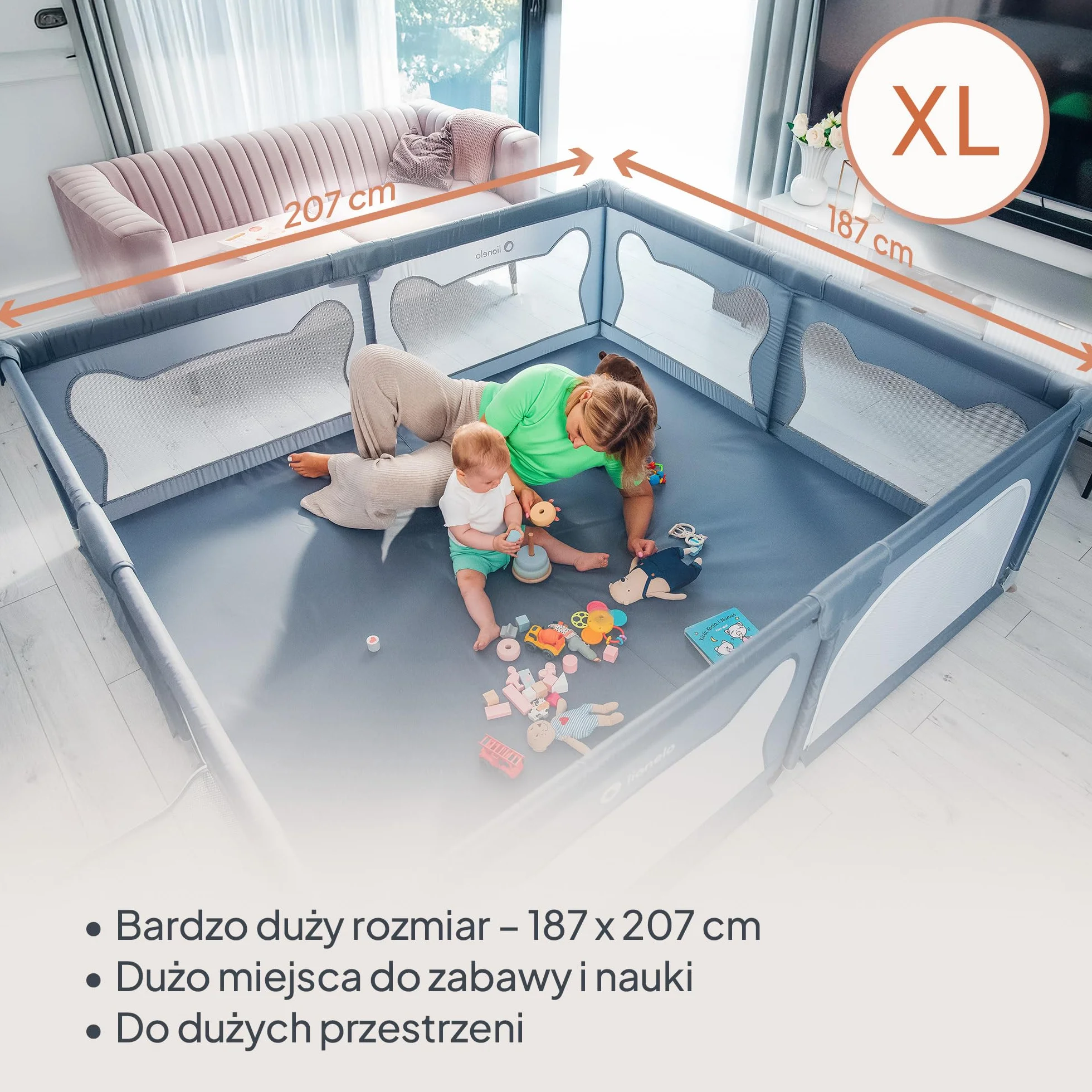 LIONELO WILLOW XL Składany Kojec dla Dziecka, od 0-48 miesięcy, Duża Przestrzeń 187 cm x 207 cm x 68 cm, Kojec dla Niemowląt z Oddychającą Siatką, 2 Boczne Wejścia na Zamek (Beżowy)