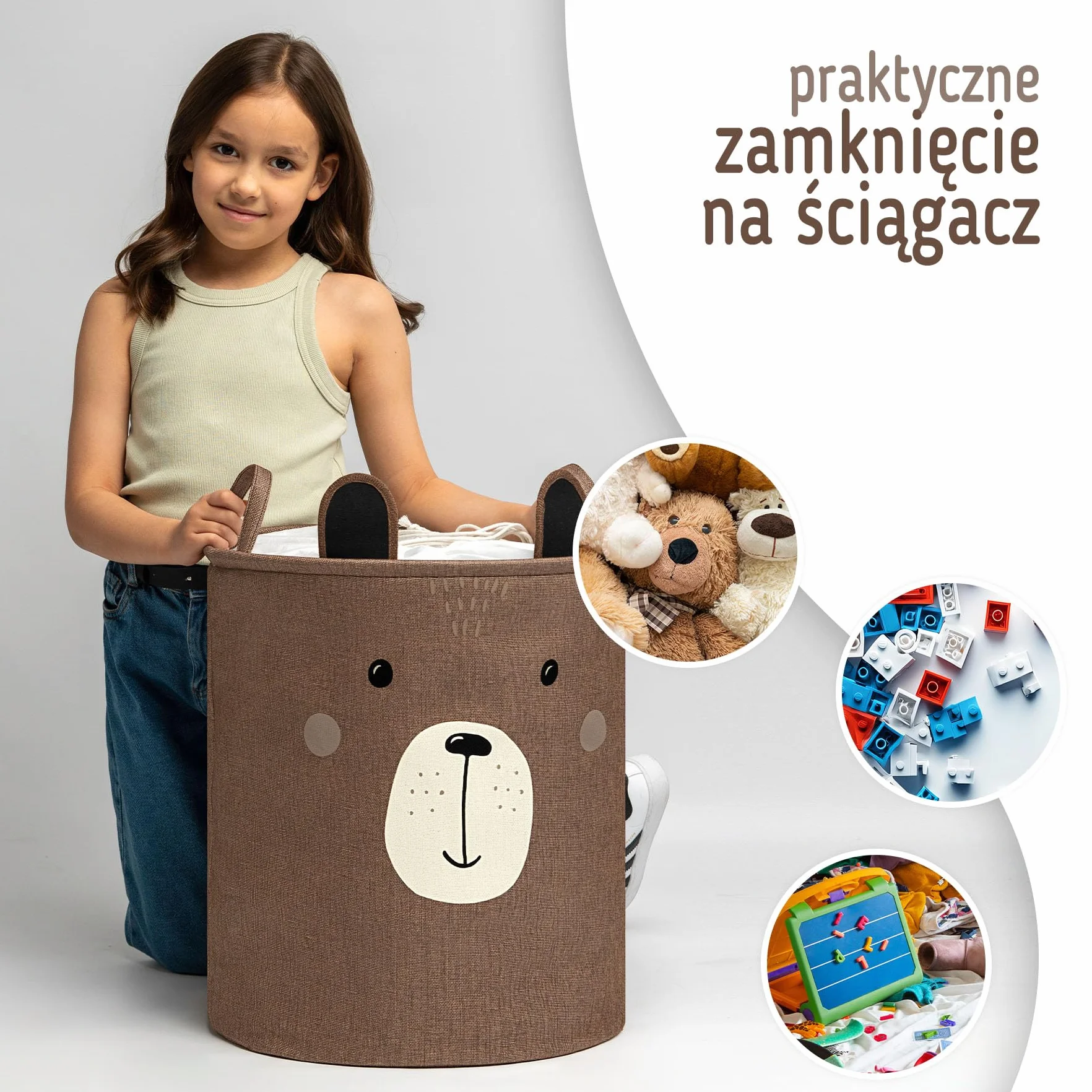 SIPO Kosz Do Przechowywania Na Zabawki Premium Duża Pojemność XXL 63L Brązowy Miś Składany Organizer Na Pluszaki Klocki Ze Ściągaczem Zamykany Uchwyty Do Przenoszenia Skandynawski Wygląd
