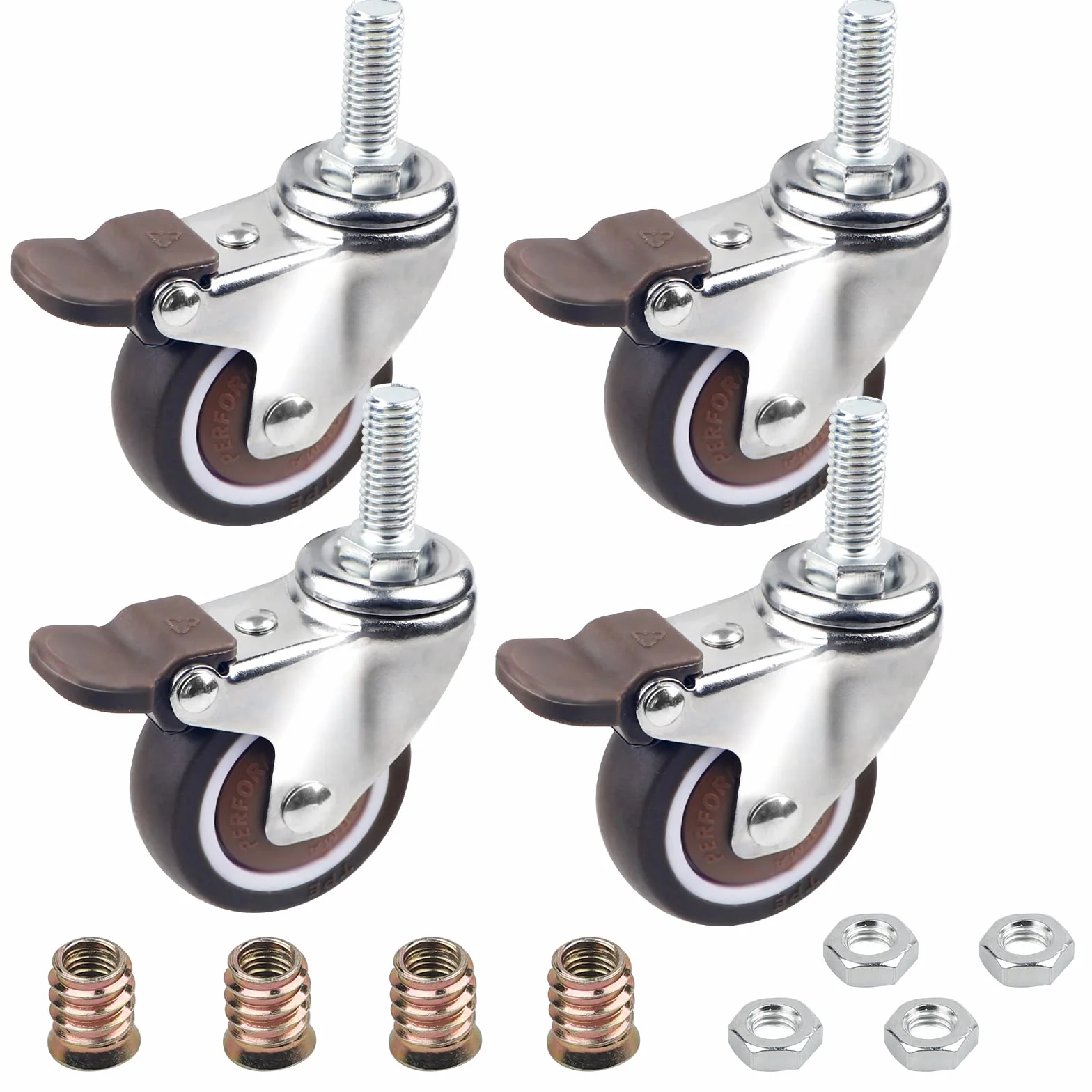 DBREAKS 4 szt. Transportowe kółka 32 mm, kółko obrotowe TPE z hamulem, gwintowane M6 x 15 mm, całkowita nośność 64 kg