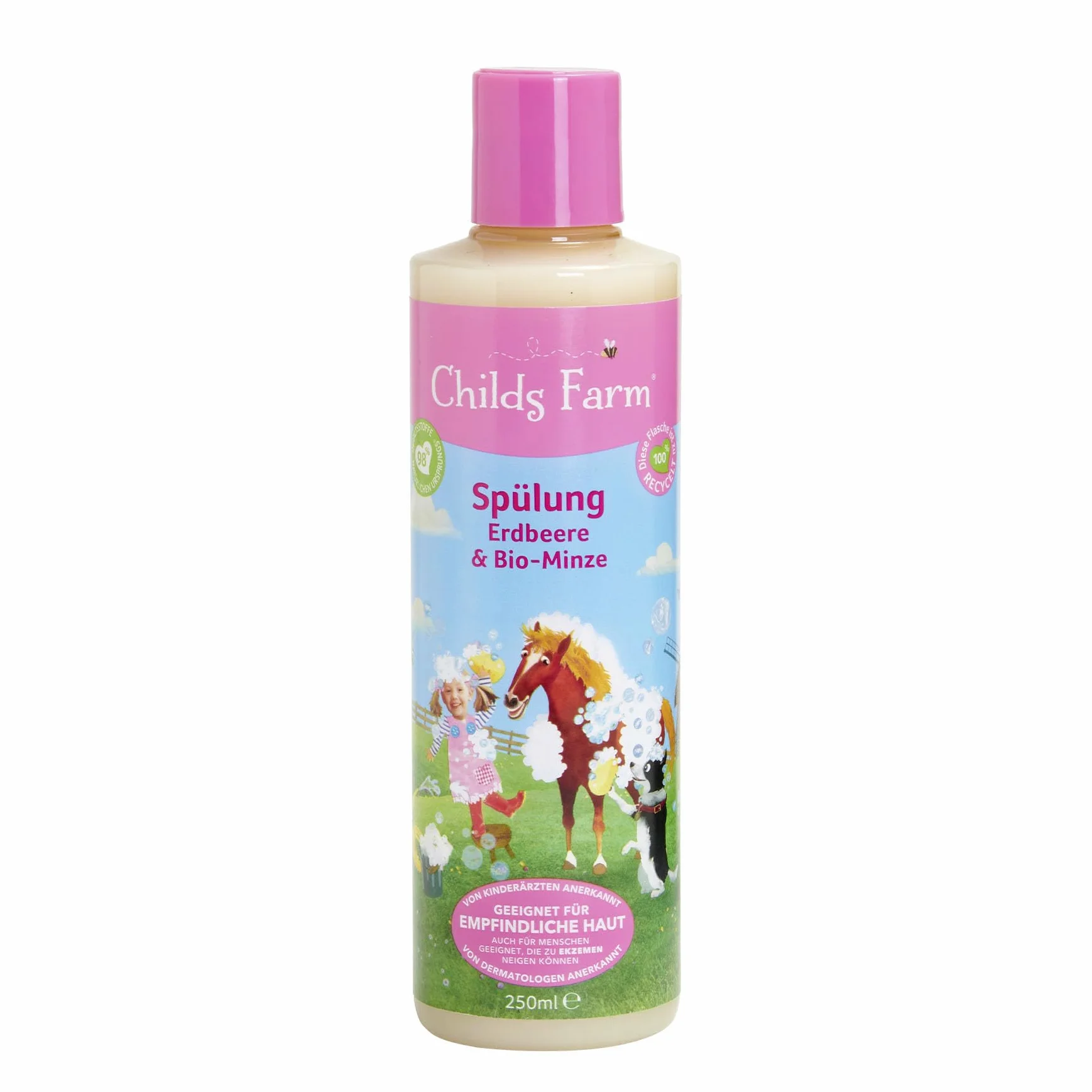 Childs Farm Odżywka dla dzieci 250 ml | truskawka i bio-mięta | wszystkie rodzaje włosów | pielęgnuje i odżywia | Nadaje się do skóry suchej, wrażliwej i skłonnej do atopowego zapalenia skóry