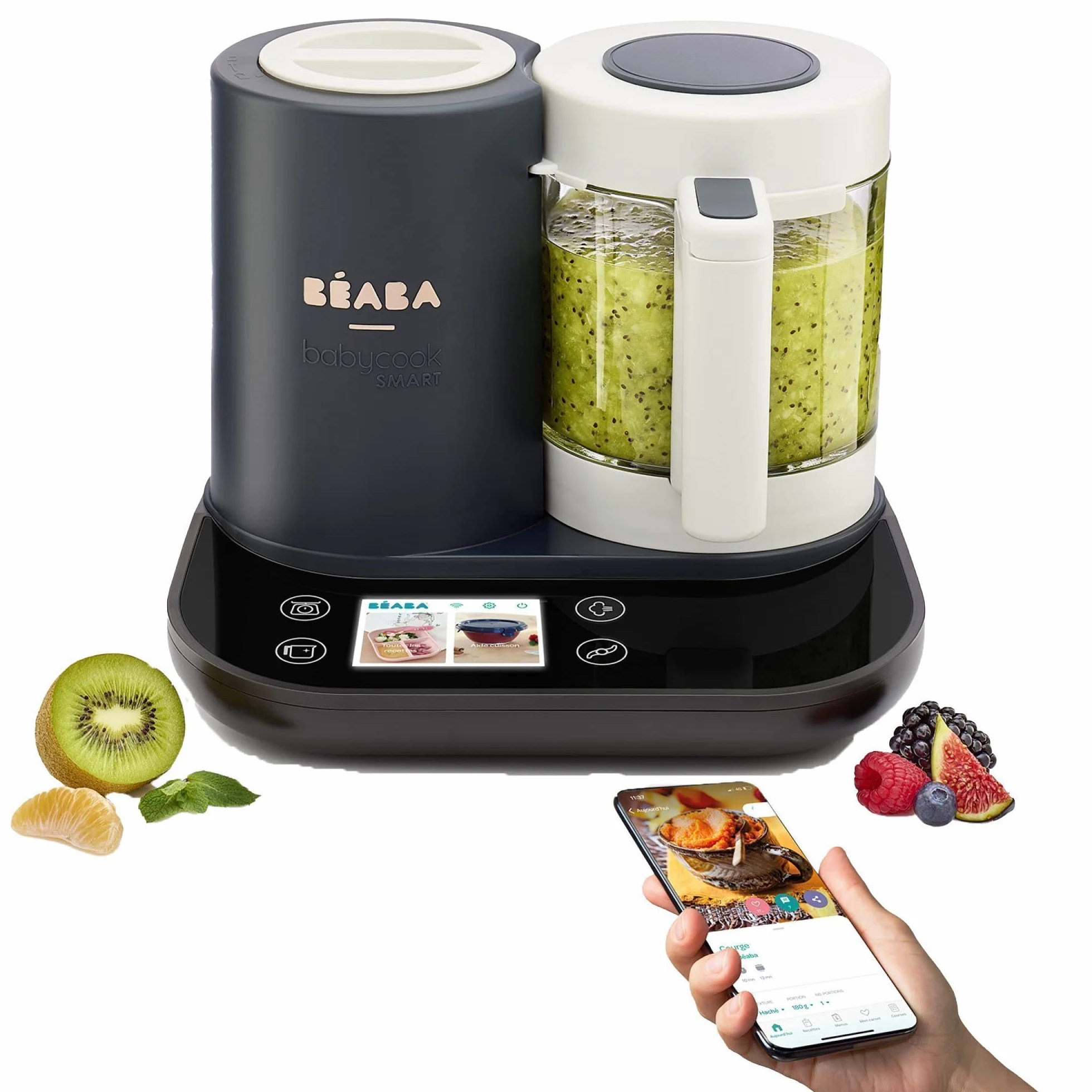BEABA - Babycook Smart - Robot kuchenny połączony dla niemowląt - Zintegrowana waga - Szklana miska - Kosz ze stali nierdzewnej - Duża pojemność 2,25 l słodki parowy ekran dotykowy/dedykowany - Antracyt