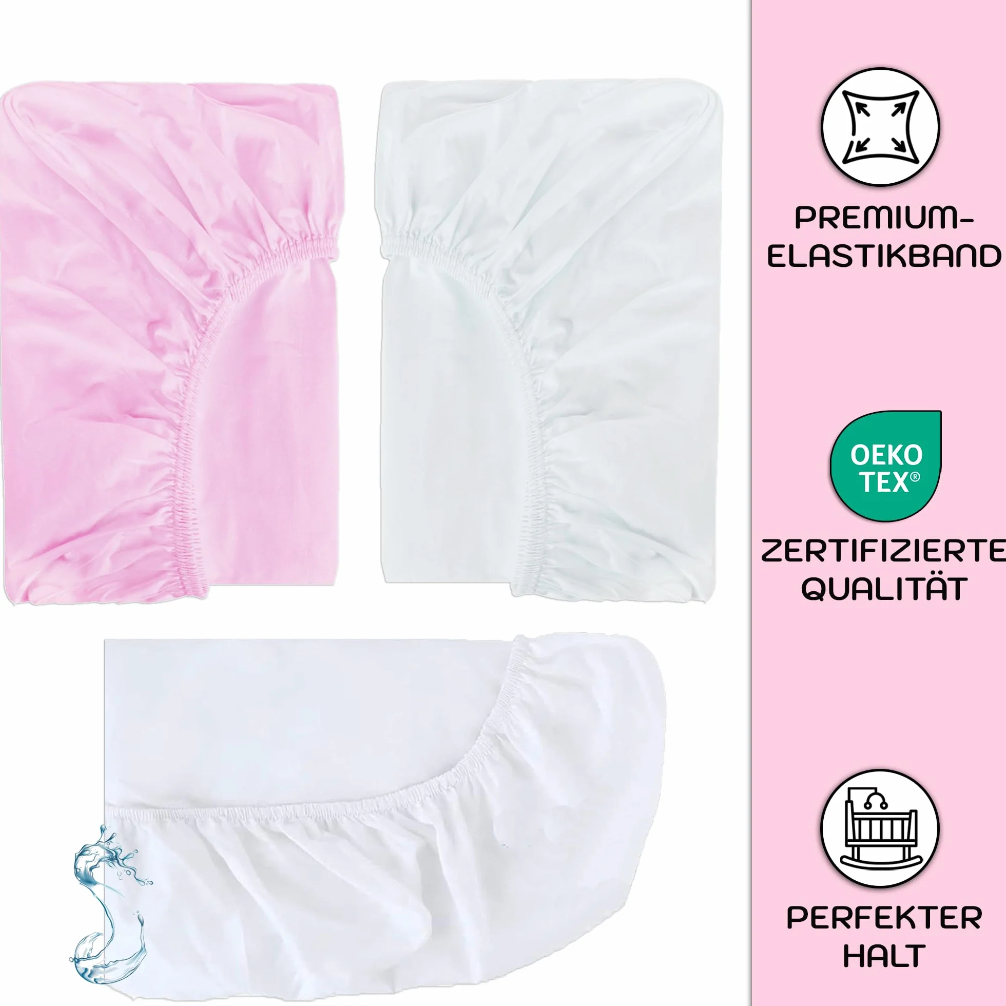 BabyBay prześcieradło z gumką X2 + ochraniacz na materac X1-50 x 89 cm, prześcieradło z gumką dla niemowląt, kompatybilne z Maxi, Midi, Boxspring, Comfort, Comfort Plus, 100% bawełna (białe/różowe, 50