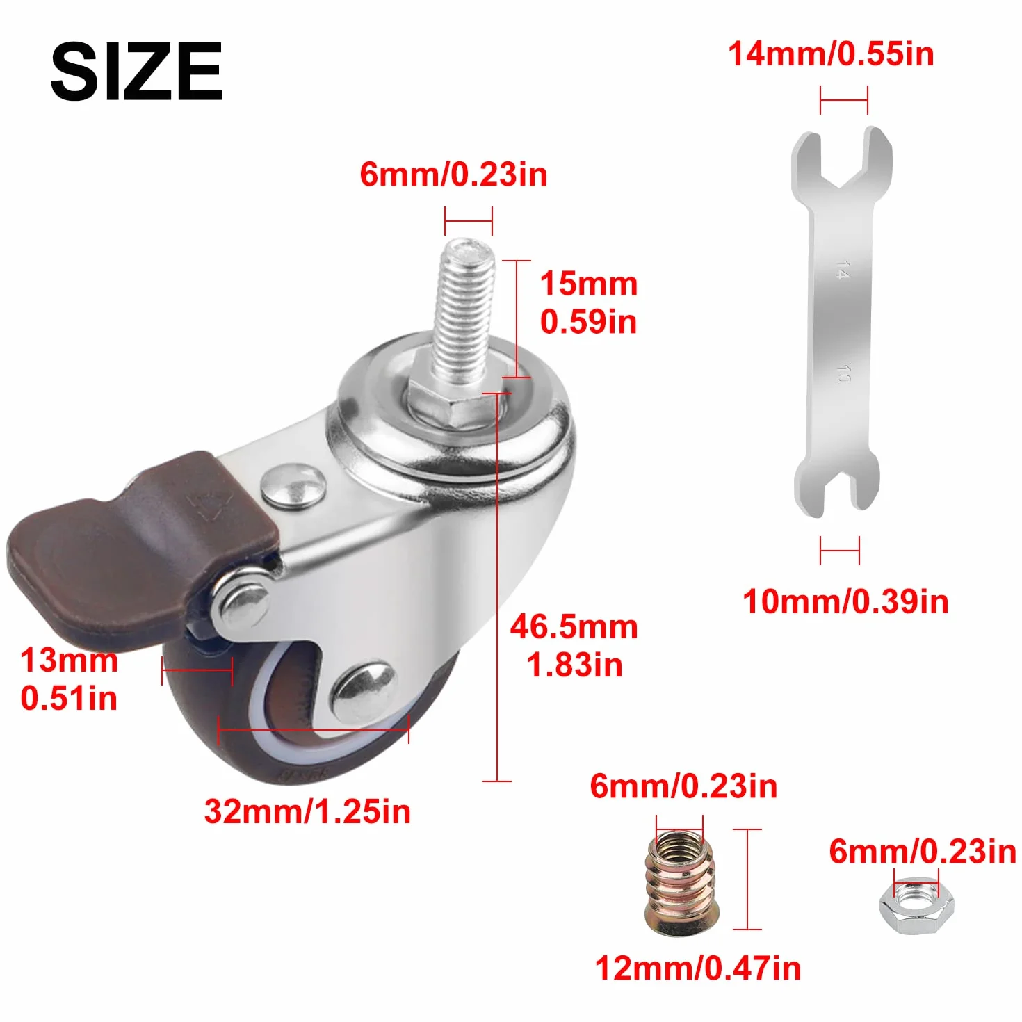 DBREAKS 4 szt. Transportowe kółka 32 mm, kółko obrotowe TPE z hamulem, gwintowane M6 x 15 mm, całkowita nośność 64 kg
