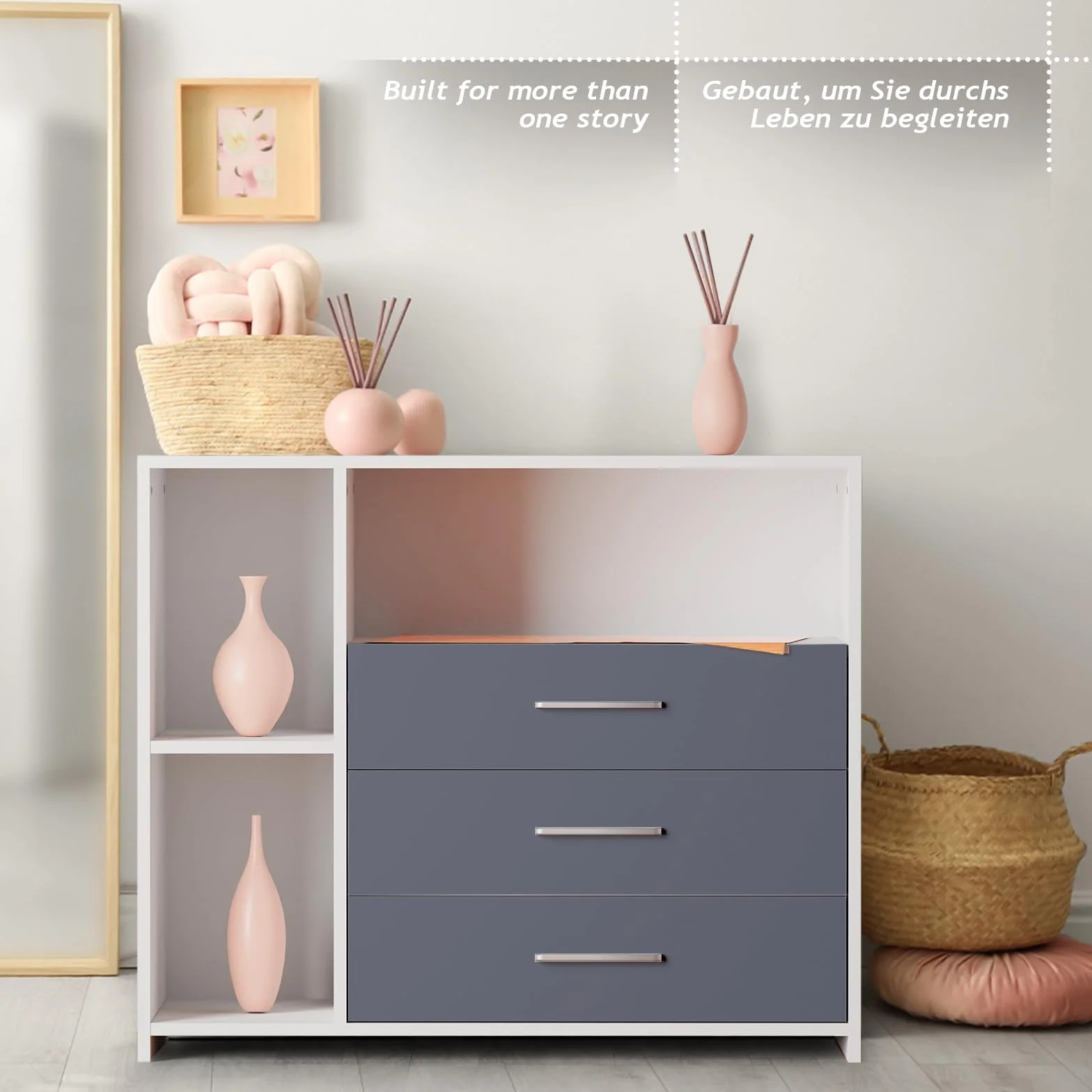 Infantastic® Przewijak z Szufladami - Otwarte Przegrody, 113 x 70 x 101 cm, Drewno MDF, Biały/Szary - Przewijak dla niemowląt, Pieluszka, Meble, Przewijak, Rzeczy dla niemowląt, Pokój dziecięcy