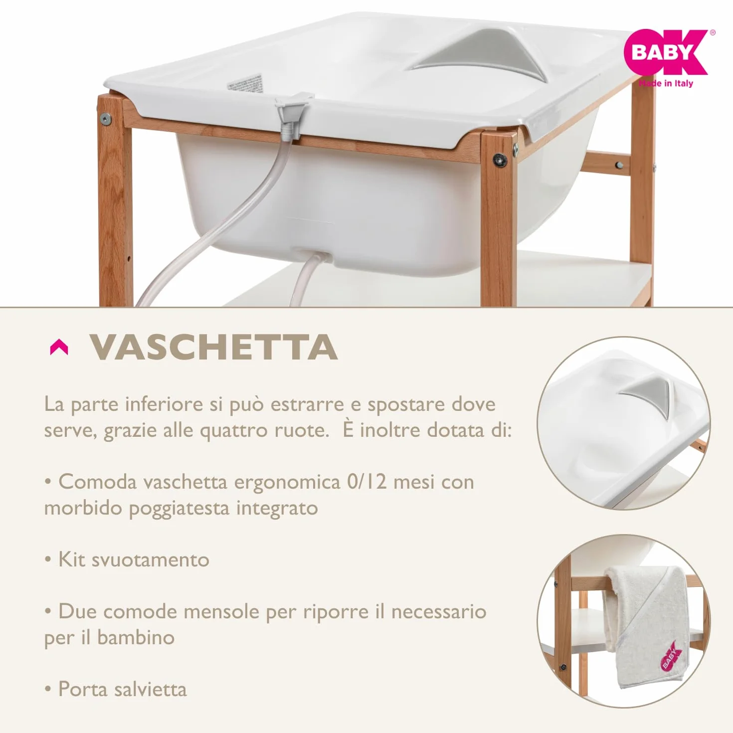 OKBABY Woody - Drewniany stół do przewijania z ergonomiczną wanną i kółkami, w komplecie z miękką matą do przewijania dla noworodków - 0-12 miesięcy (11 kg) - Biały