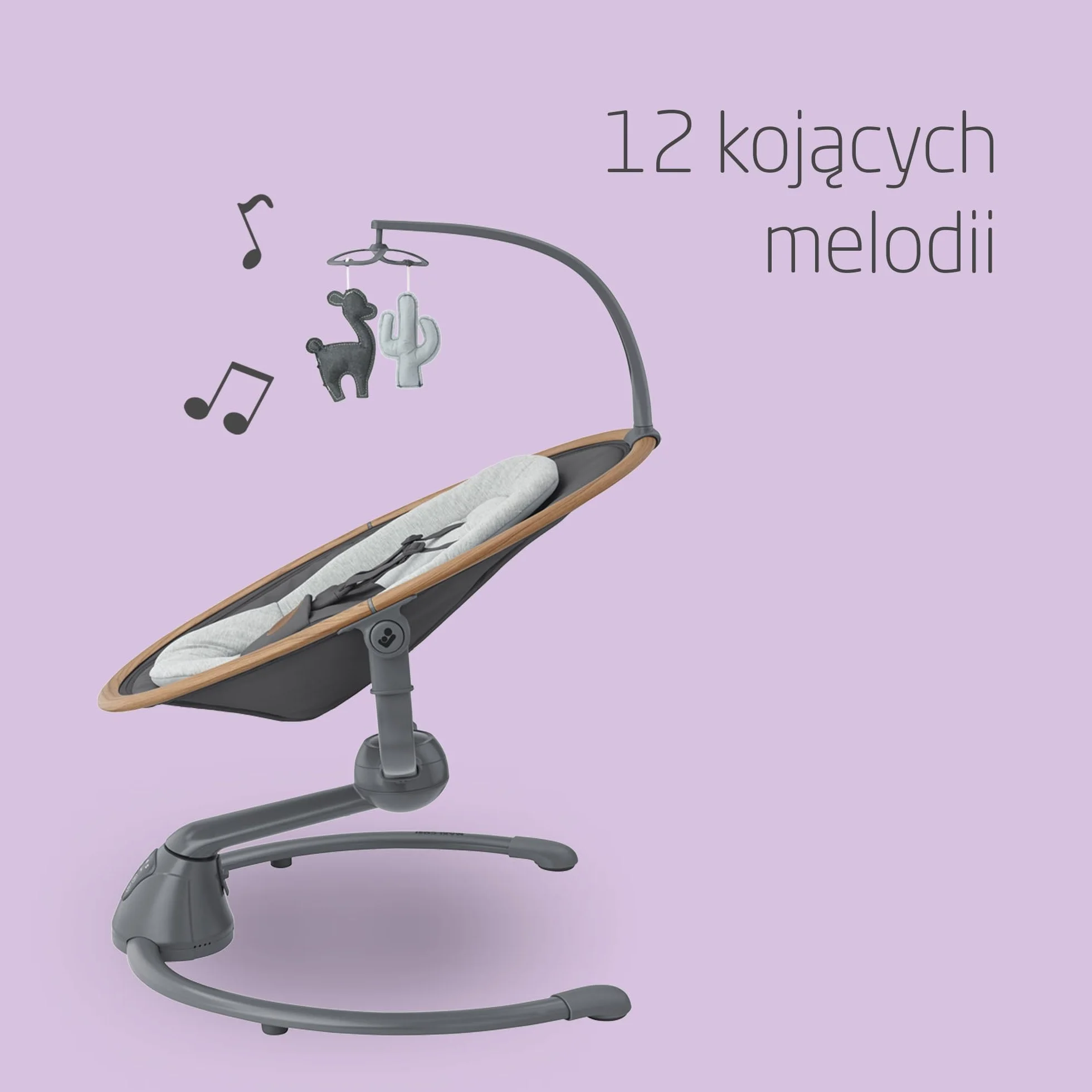 Maxi-Cosi Cassia Huśtawka Elektryczna Dla Niemowląt, 0–6 mies., maks. 9 kg, bujaczek leżaczek, 12 melodii, obrac. siedziska 360°, Autowykryw. ruchu, 5 prędk., 2 poz. odchylenia, Essential Graphite