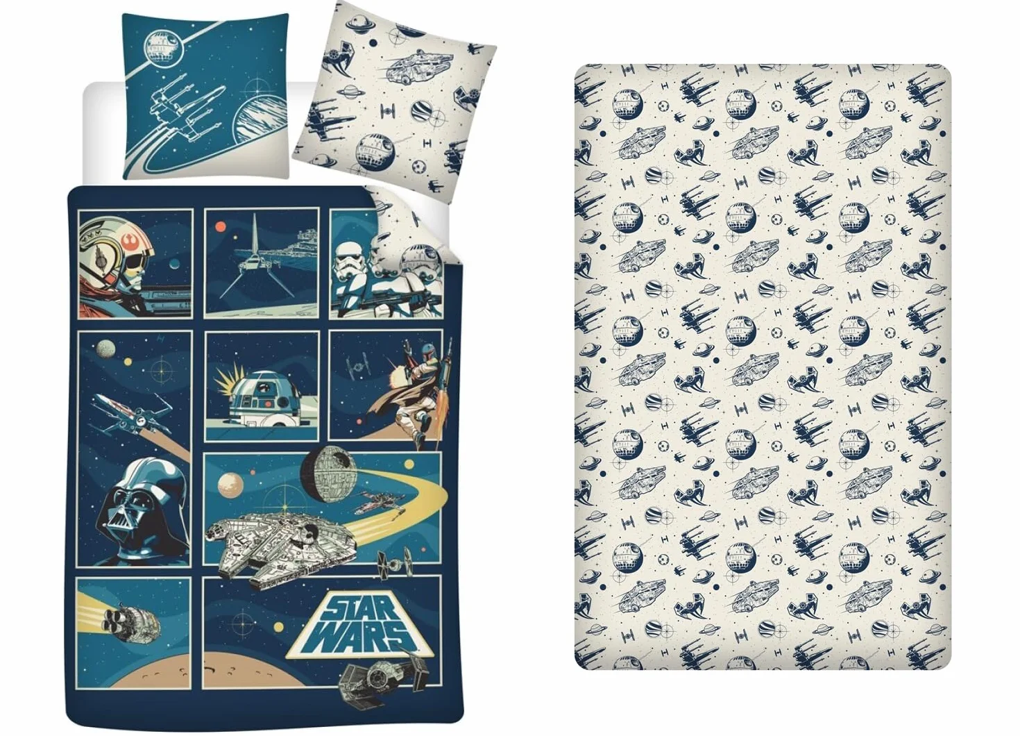 AYMAX Star Wars Classic 3-częściowy zestaw pościeli na łóżko pojedyncze, 100% bawełna, dwustronna poszewka na kołdrę 140 x 200 cm, poszewka na poduszkę 65 x 65 cm + prześcieradło z gumką 90 x 190 cm