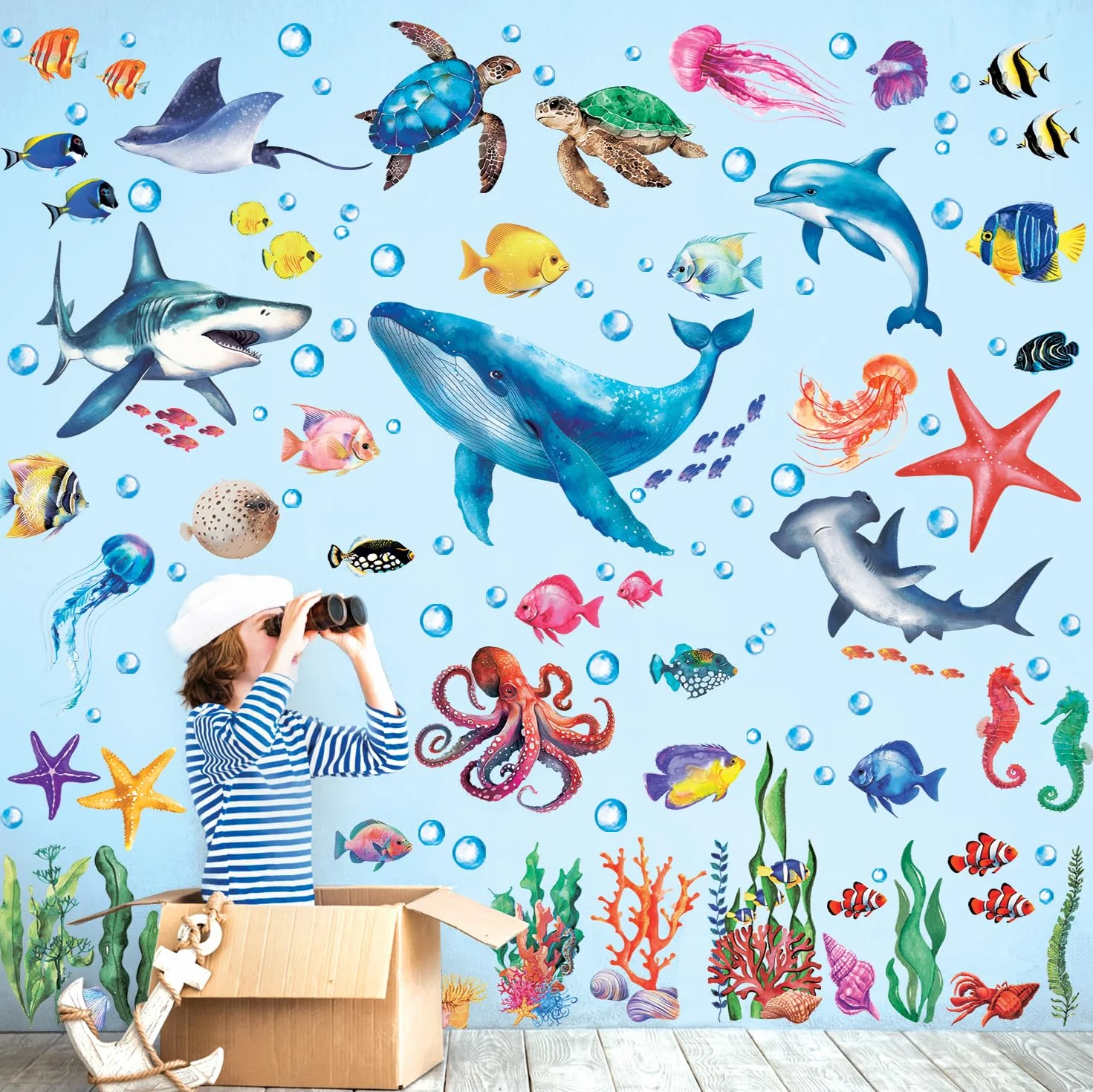 DECOWALL DS12-8078 pod wodą naklejka ścienna tatuaż ścienny ryby ocean ryby wodorosty naklejka ścienna łatwa do zdjęcia dla dzieci pokój dziecięcy pokój niemowląt sypialnia salon łazienka dekoracja