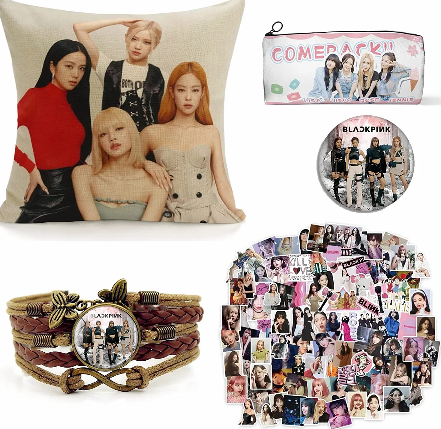 ZPPLD Blackpink zestaw upominkowy dla fanów, czarny róż, zestaw upominkowy dla fanów, czarno-różowe poszewki na poduszkę, czarne naklejki