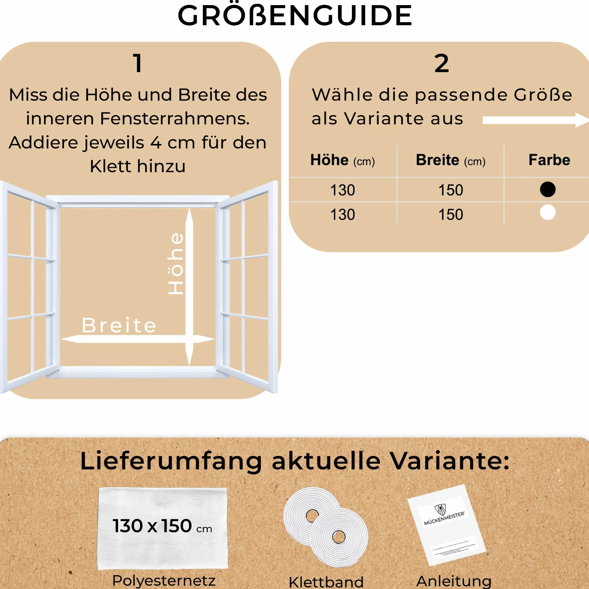 MÜCKENMEISTER® Moskitiera okienna (130 x 150 cm, biała) – moskitiera na okno z możliwością przycięcia, ochrona przed owadami na okno z paskiem klejącym