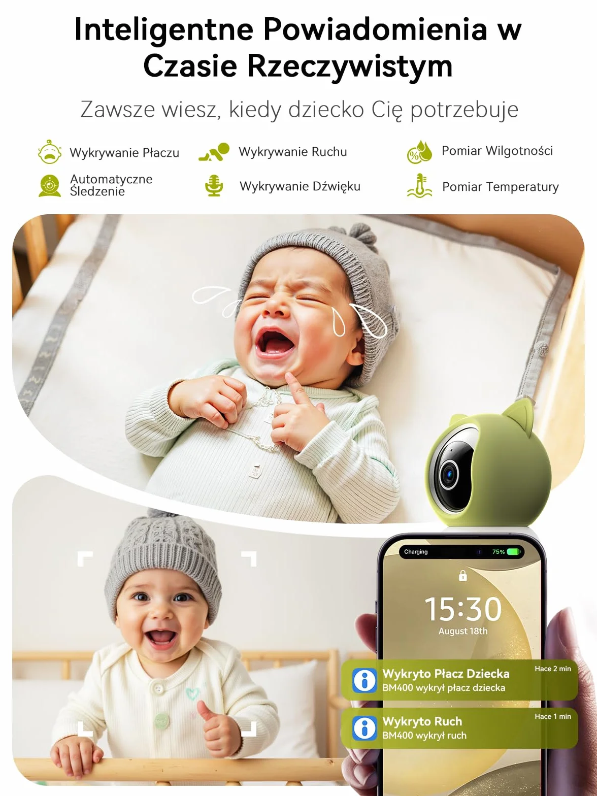 Outinput 2K 4MP Niania Elektroniczna - Elektroniczna Niania z Kamerą Obracaniem 355 °, Wykrywanie AI, śledzenie, Alerty Paszowe, 2 -drożne Rozmowy, Kołysanki, Kontrola Aplikacji