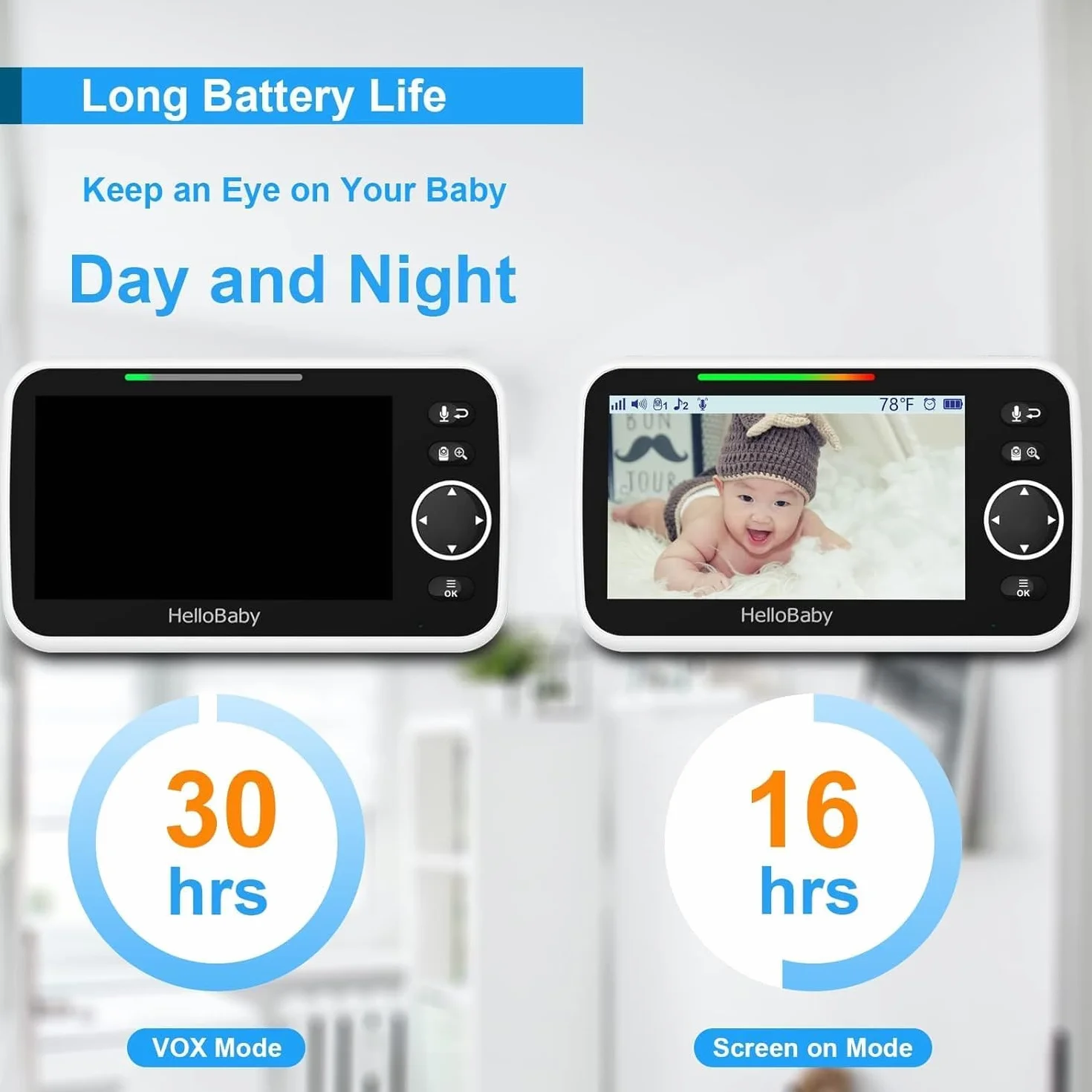 HelloBaby Elektroniczna niania HB6550 z kamerą i noktowizorem, wyświetlacz 15.2 cm z 30-godzinną baterią, monitor wideo Pan-Tilt-Zoom, bez WiFi, 2-kierunkowa rozmowa, temperatura, 8 kołysanek i zasięg