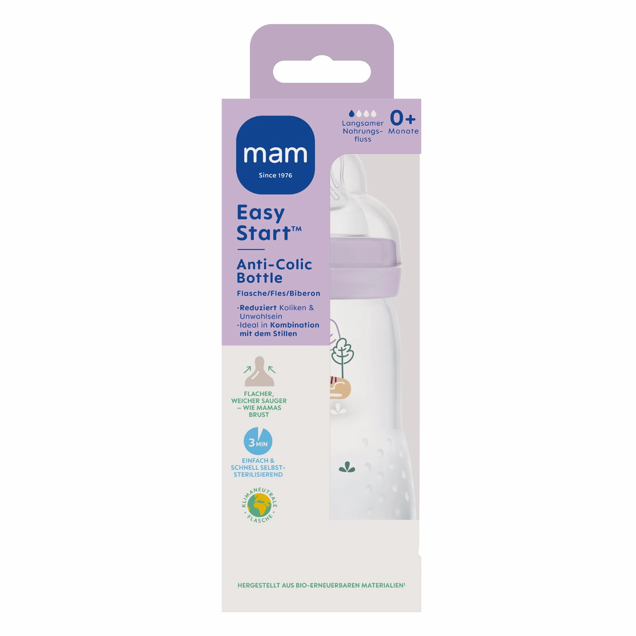MAM Easy Start Anti-Colic butelka dla niemowląt (260 ml), wyjątkowo dobrze akceptowana butelka na mleko, butelka na napoje dla niemowląt z zaworem dolnym przeciwko kolce i ssaniu, rozmiar 1, 0+