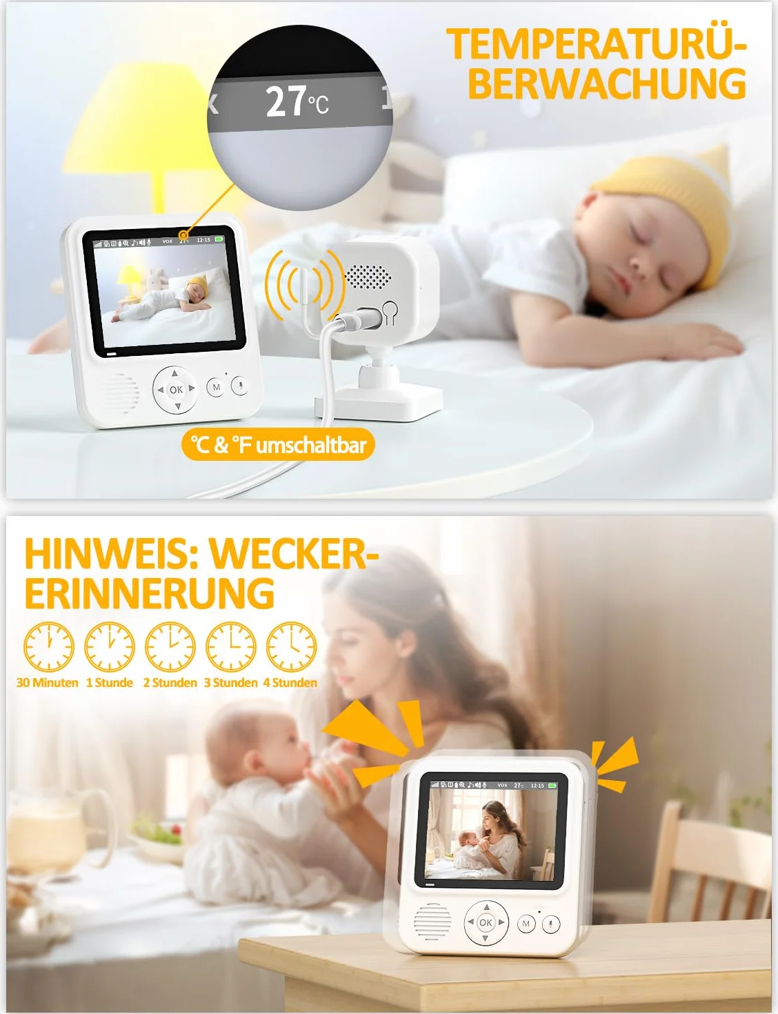 OBVHNUA Niania elektroniczna z ekranem 2,8" IPS, rozdzielczość 720p, podczerwień, dwukierunkowa komunikacja, monitorowanie temperatury, kołysanki, bateria 2000mAh, 2,4GHz FHSS, bez Wi-Fi