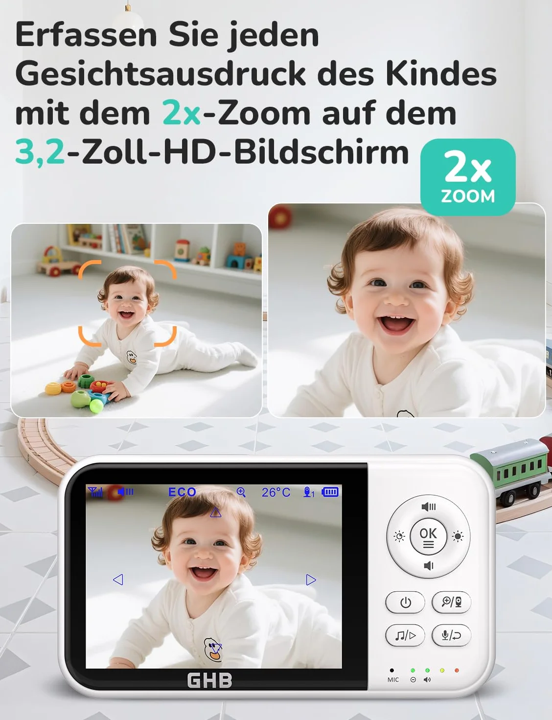 GHB Babyphone z kamerą, niania elektroniczna, 3,2-calowy wyświetlacz LCD, bateria 2100 mAh, 2-krotny zoom, czujnik temperatury, noktowizor, interkom