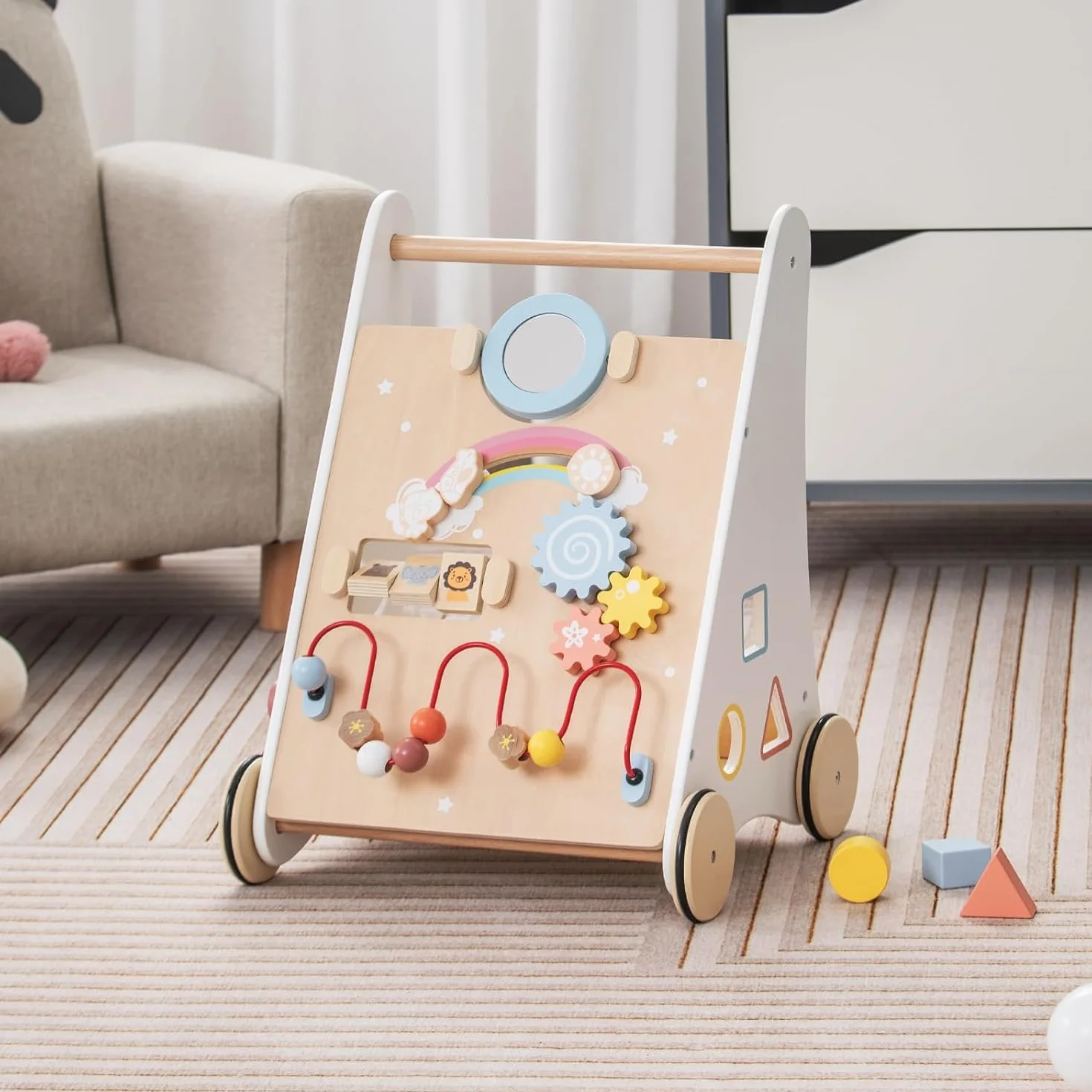 FANTASK Montessori Baby Walker wózek do nauki chodzenia 7 w 1, z drewnianym pudełkiem do przechowywania, z planszą do zabawy, lustrem i klockami, dla chłopców i dziewczynek od 1 roku życia