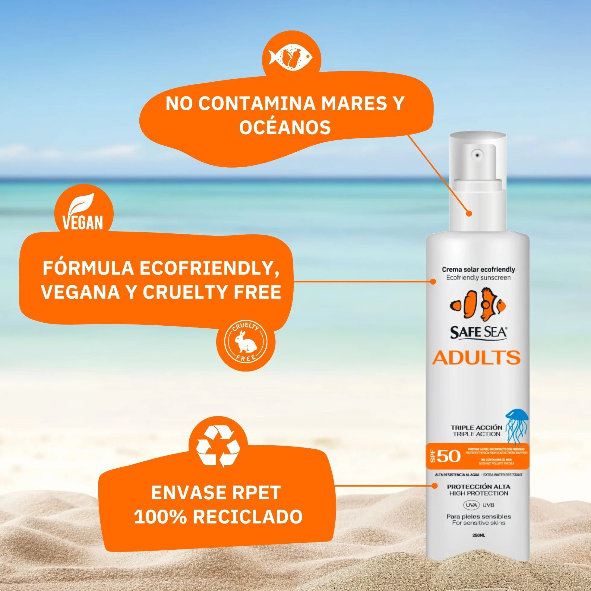 SAFE SEA - Jellyfish Sting Sun Spray SPF 50 - wegański - wysoka wodoodporność i wysoka ochrona przeciwsłoneczna dla dorosłych - odpowiedni dla skóry wrażliwej - Format 250ml