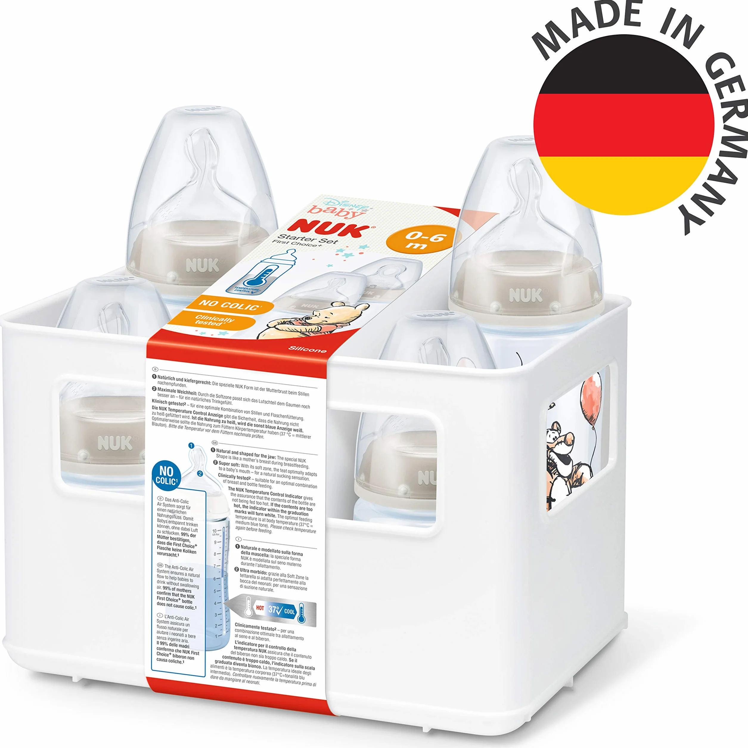 NUK First Choice+ Zestaw początkowy butelek dla niemowląt | 0–6 miesięcy | 4 butelki ze wskaźnikiem kontroli temperatury i skrzynka na butelki | Otwór antykolkowy | Bez BPA | Kubuś Puchatek, Disney