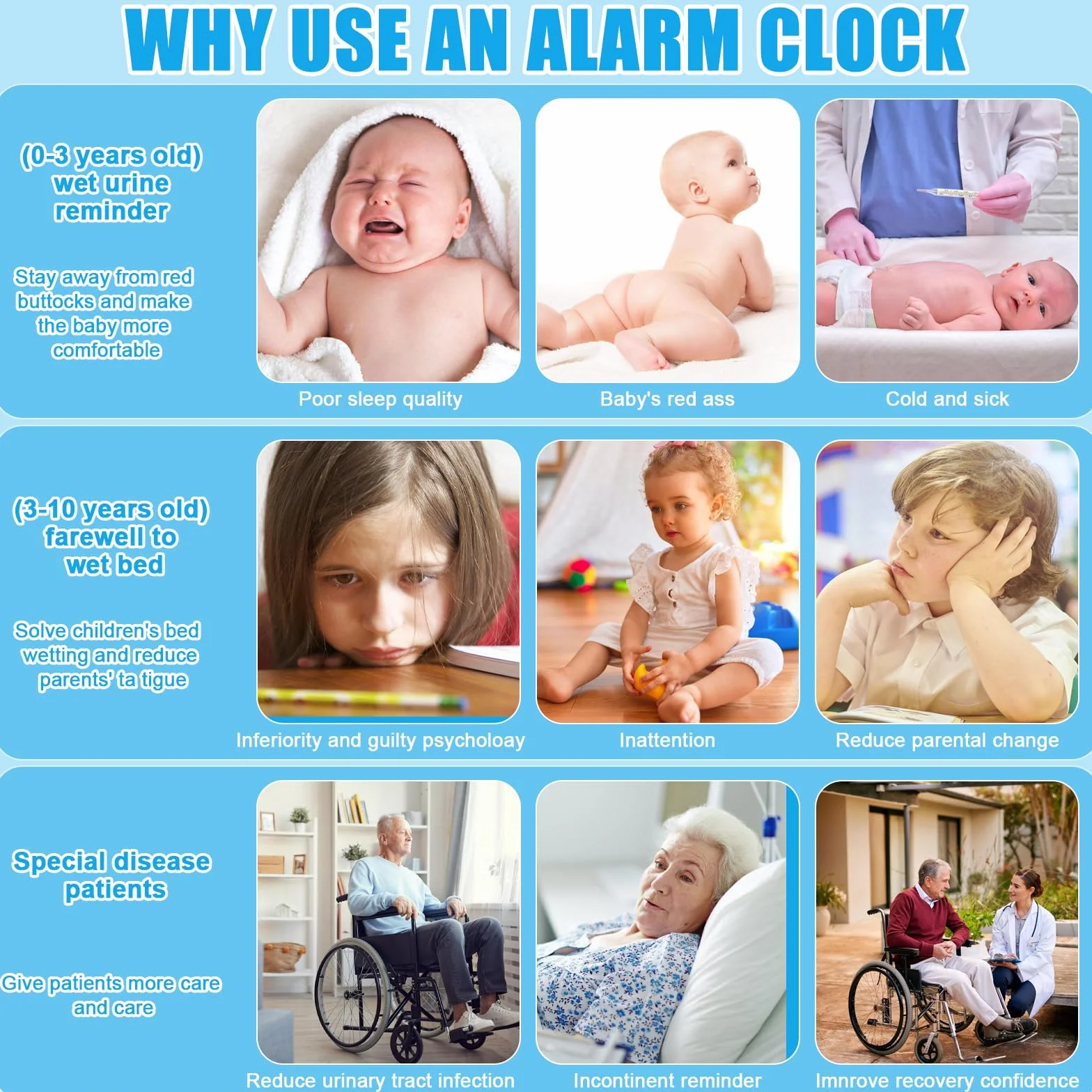 Bezprzewodowy alarm dla chłopców i dziewczynek, bezprzewodowy alarm dla osób moczących się w łóżku z 3 trybami pracy, ładowanie przez USB, bezprzewodowy alarm moczu dla dzieci, do pokonywania moczenia